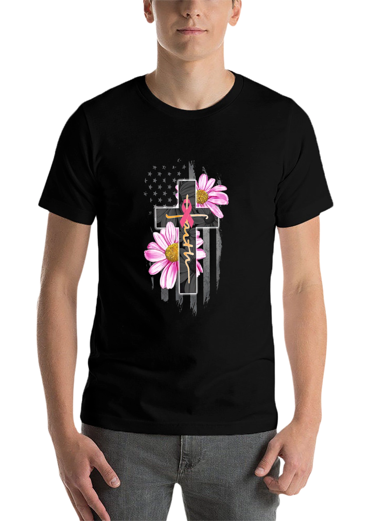 Black Faith Hope Love Breast Cancer Awareness T-Shirt view 7