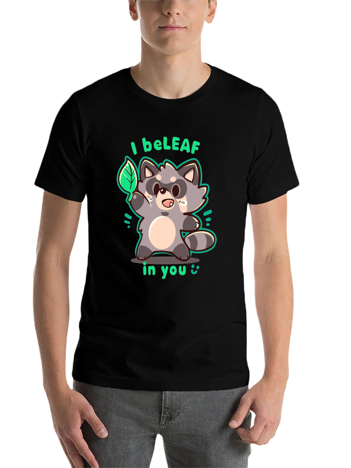Black I beLEAF in You Raccoon Graphic T-Shirt view 7