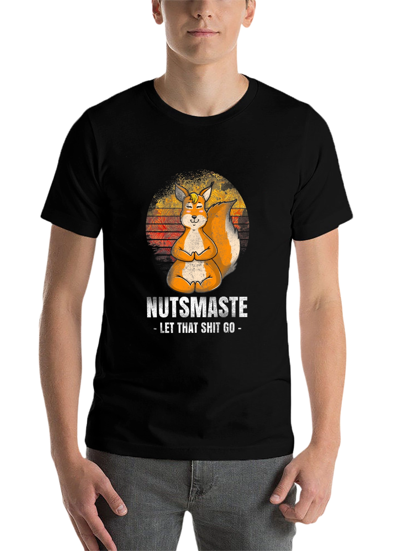 Black Nutsmaste Squirrel T-Shirt - Let That Shit Go - Yoga Squirrel view 7