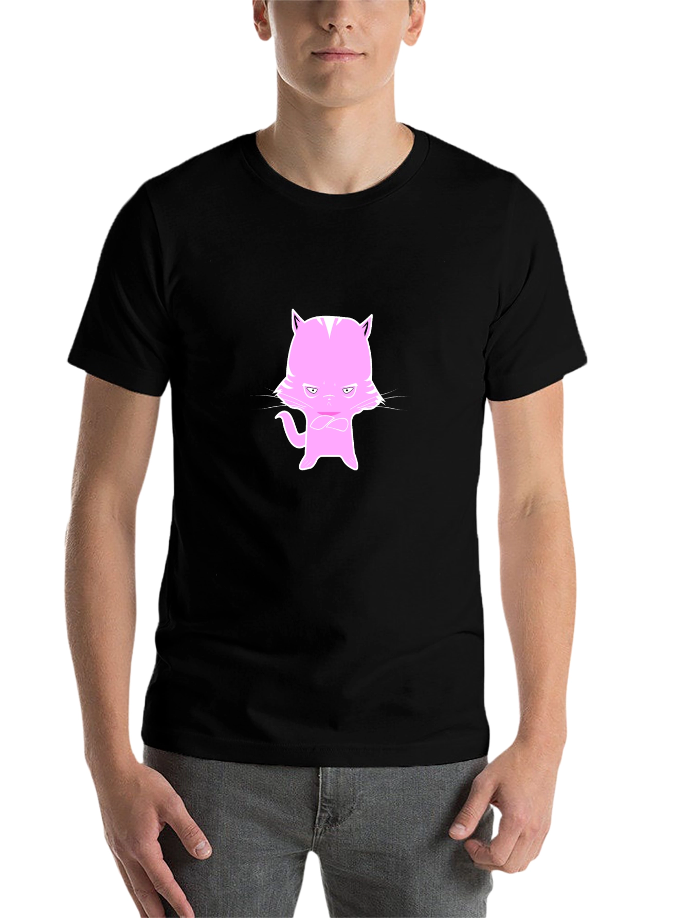 Black Men's Black T-Shirt with Pink Cat Design view 7