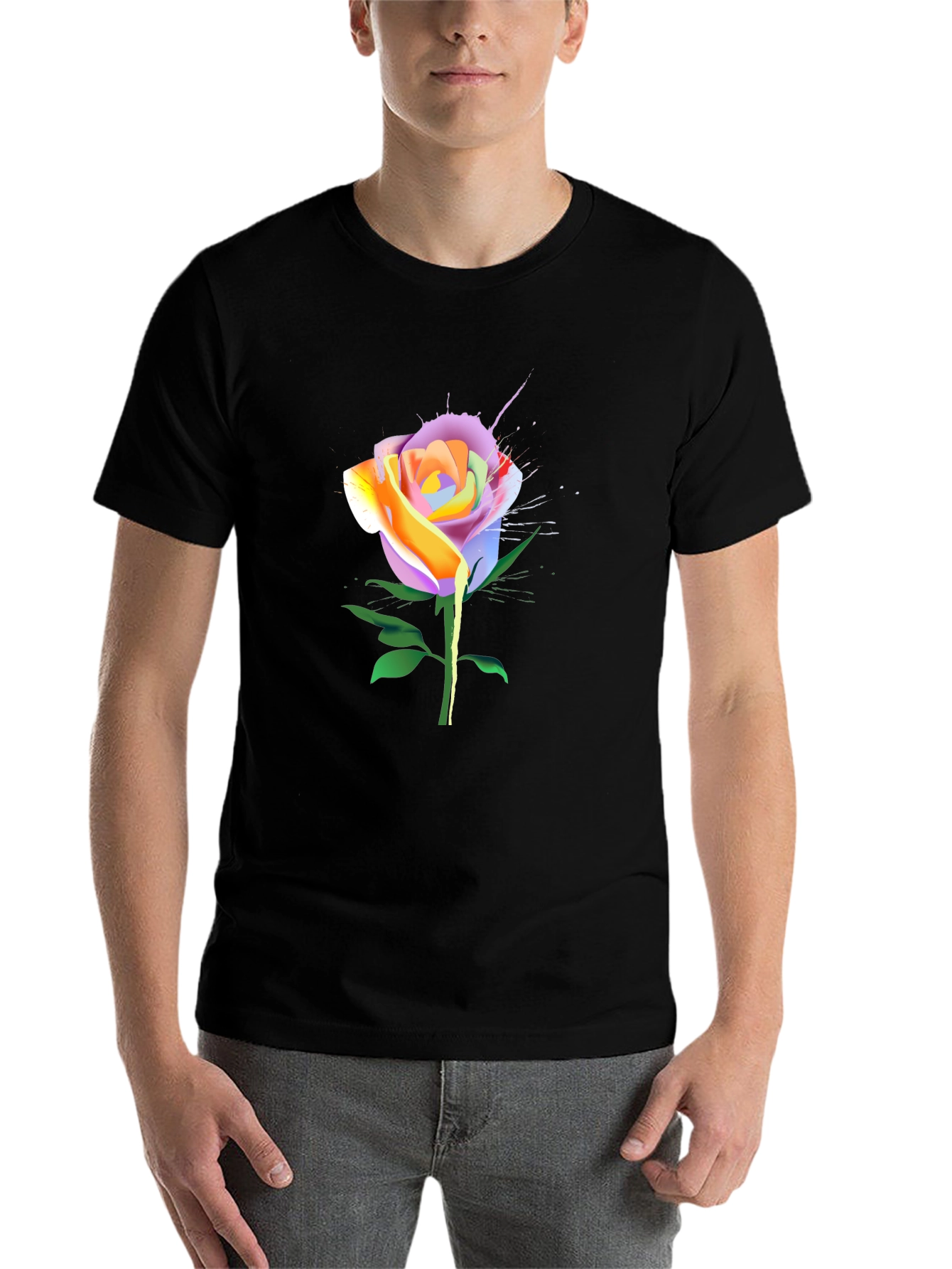 Black Rainbow Rose Graphic Tee - Unique Floral Design view 7
