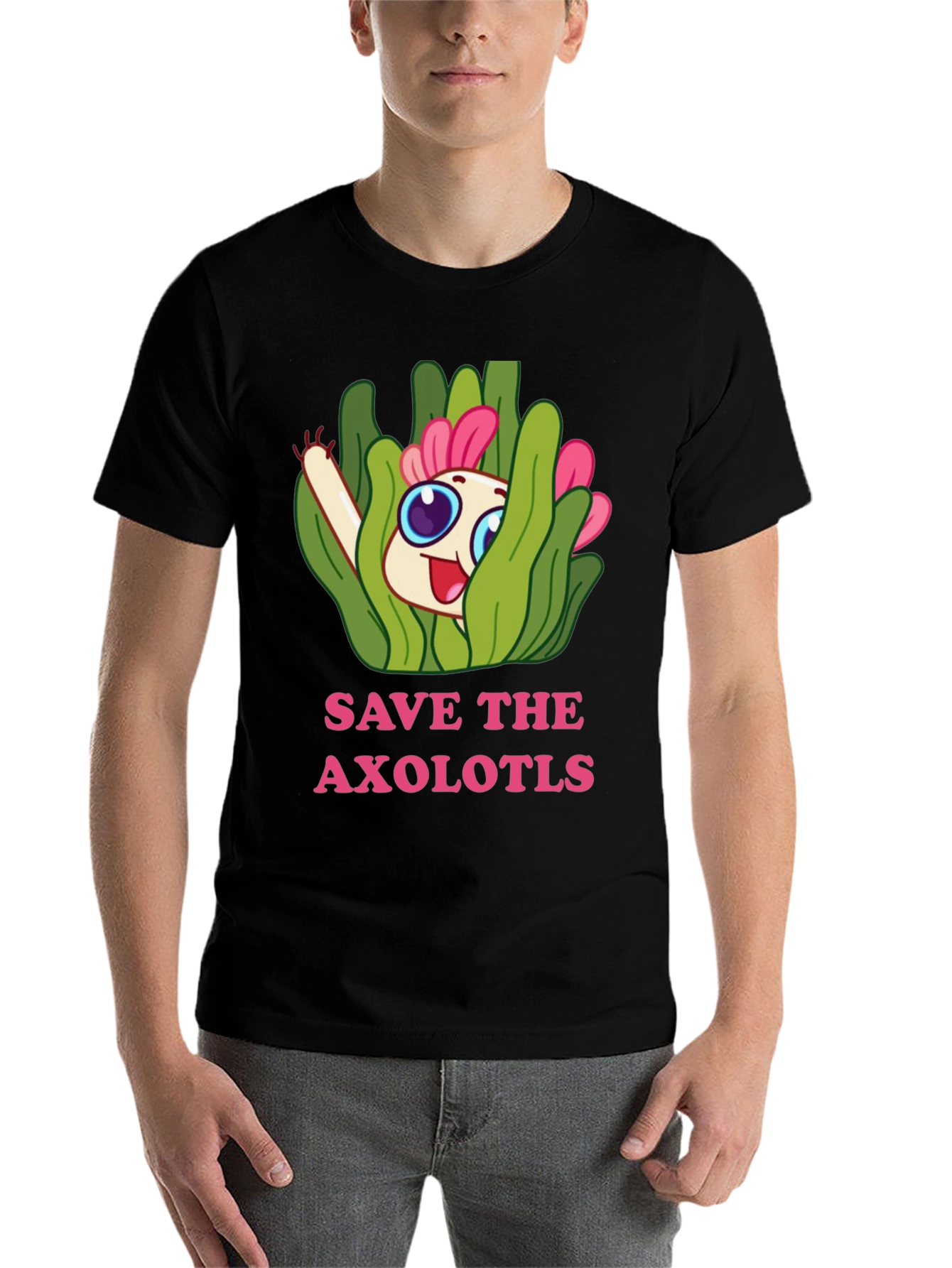Black Save the Axolotls Cartoon Graphic T-Shirt view 7