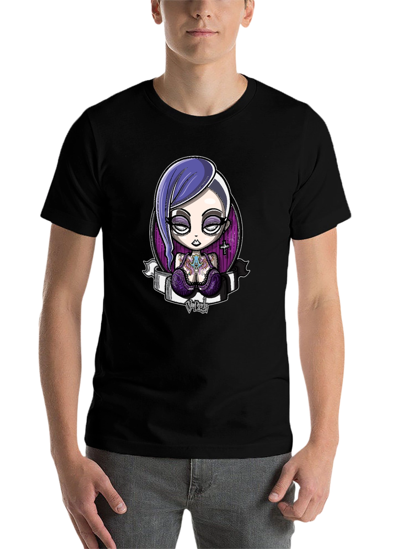 Black Gothic Cartoon Girl Graphic Black T-Shirt view 7