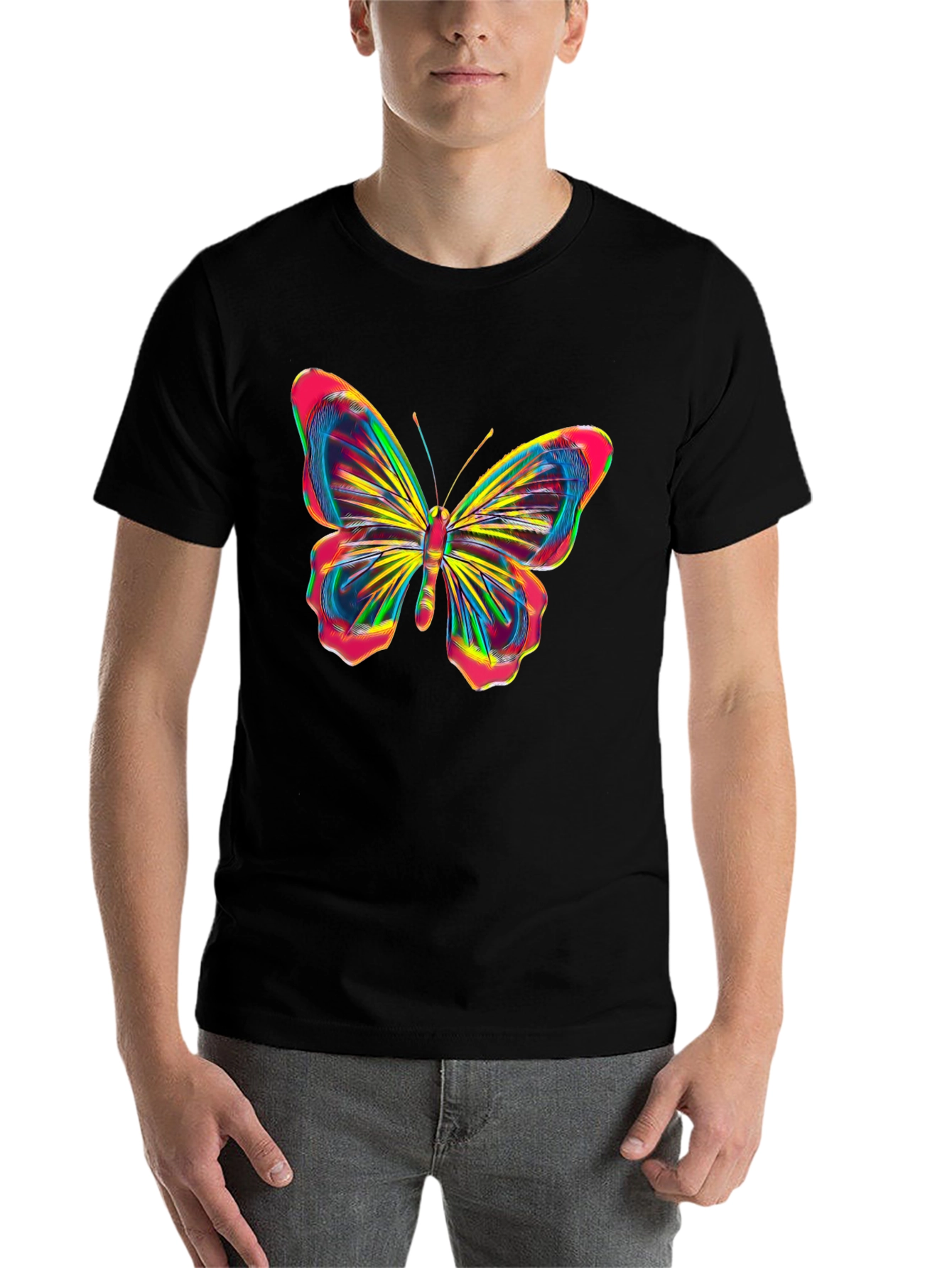 Black Vibrant Butterfly Graphic Tee - Bold Black Cotton Shirt view 7