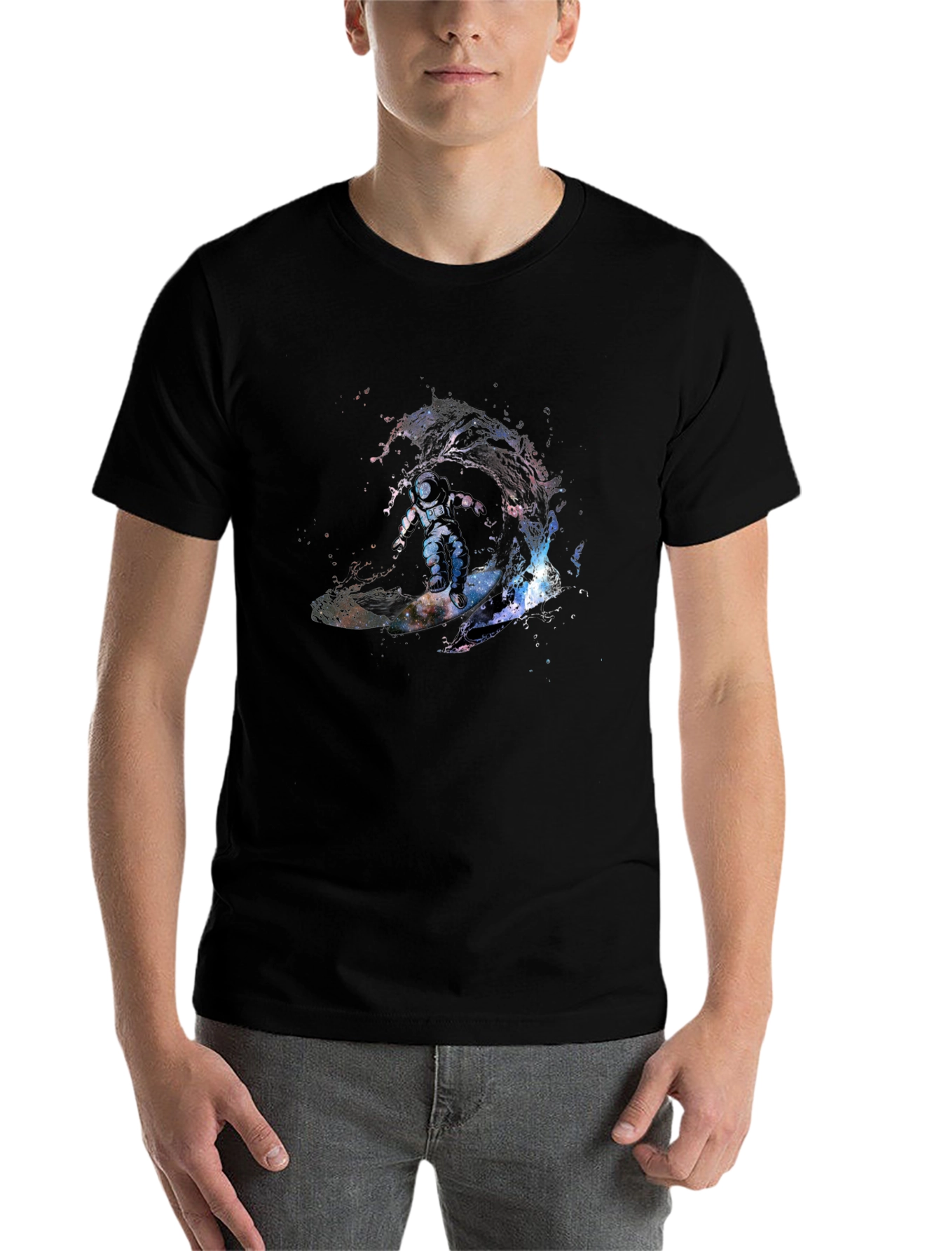 Black Astronaut Surfing Wave T-Shirt - Outer Space Design view 7