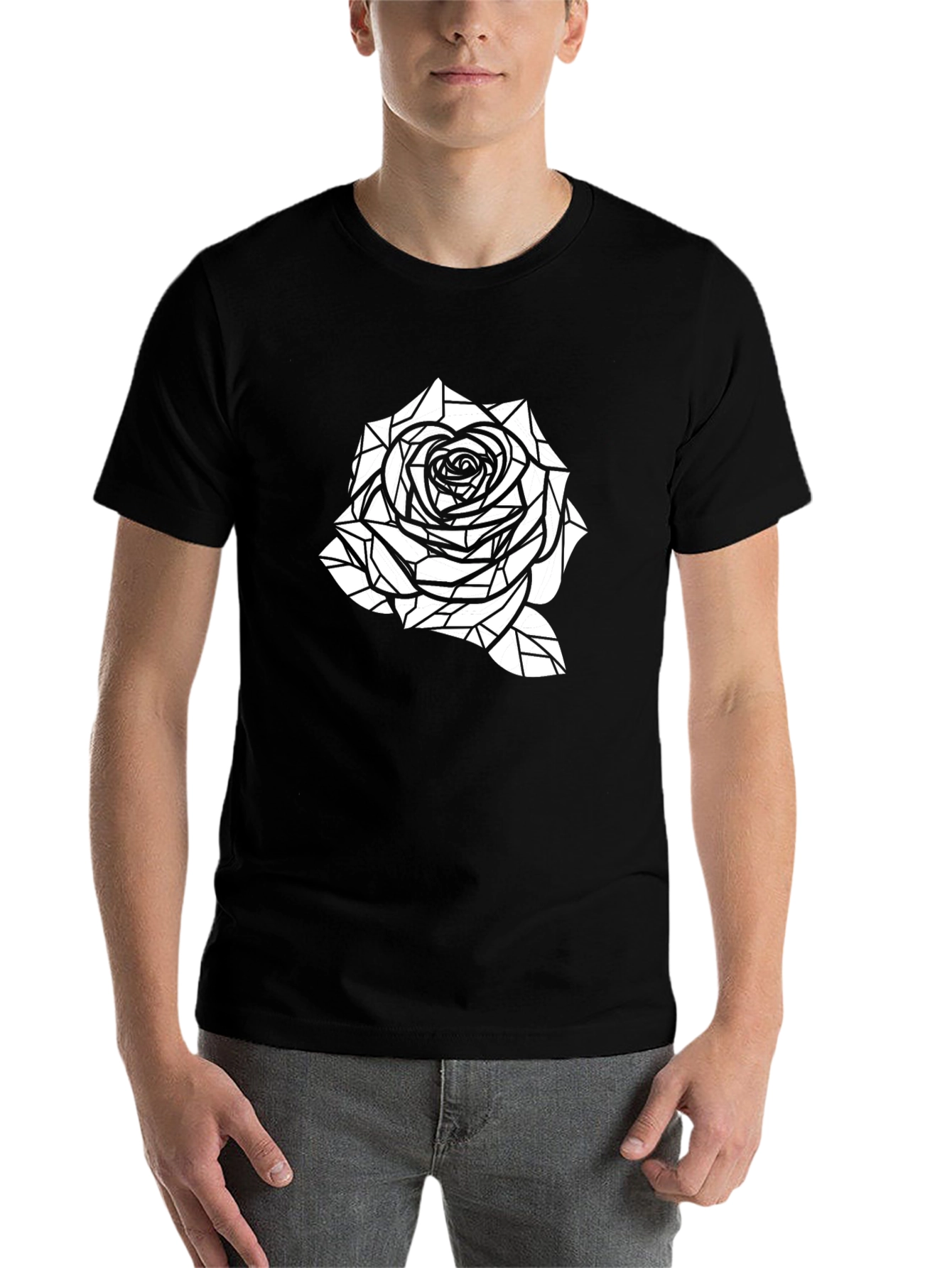 Black Geometric Rose Graphic Tee - Black Cotton Casual Shirt view 7