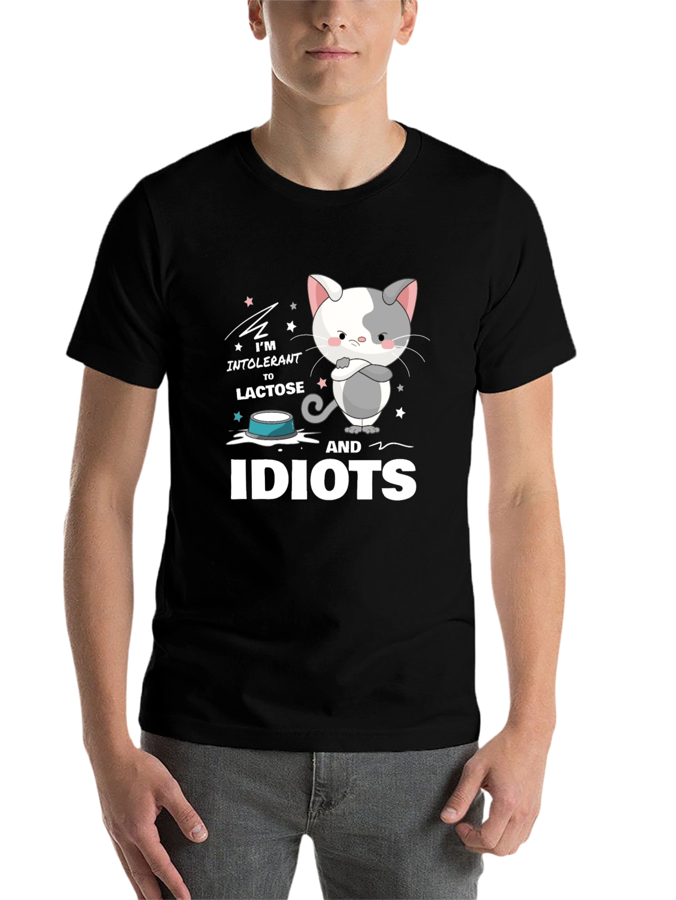 Black Intolerant to Lactose and Idiots Funny Cat T-Shirt view 7