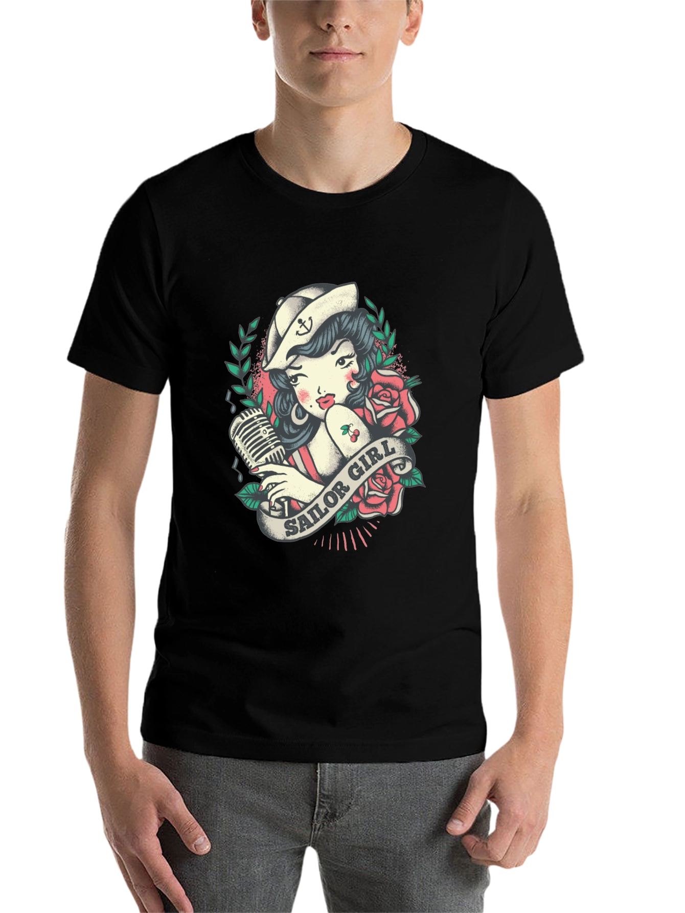 Black Sailor Girl Tattoo Graphic T-Shirt view 7
