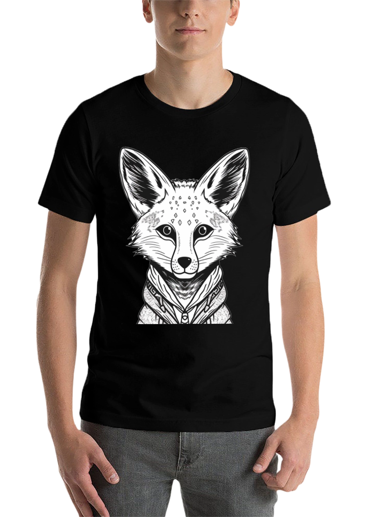 Black Cool Fox Graphic Tee - Men's Black Cotton Shirt view 7