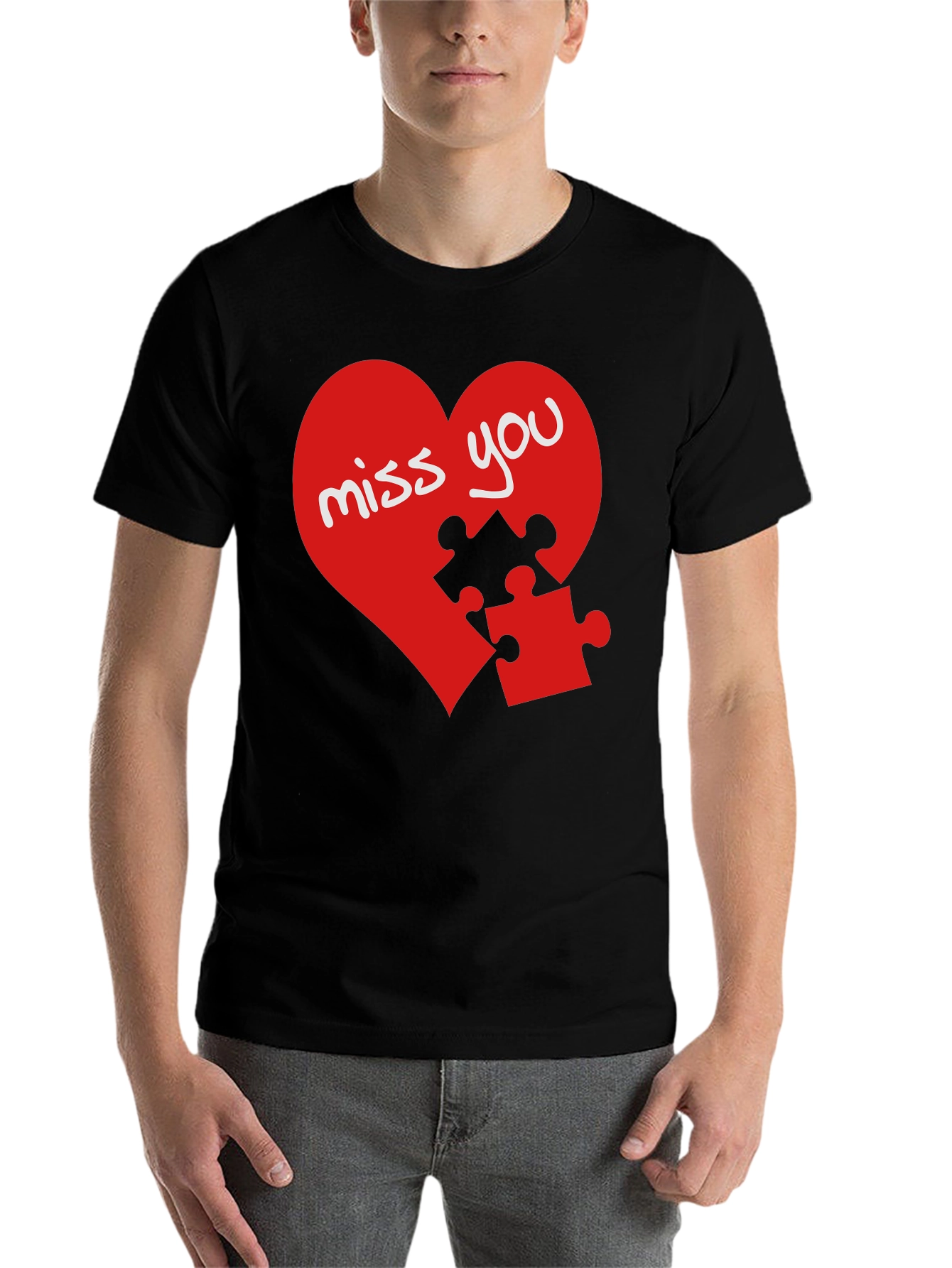 Black Miss You Heart Puzzle Piece Graphic Black T-Shirt view 7