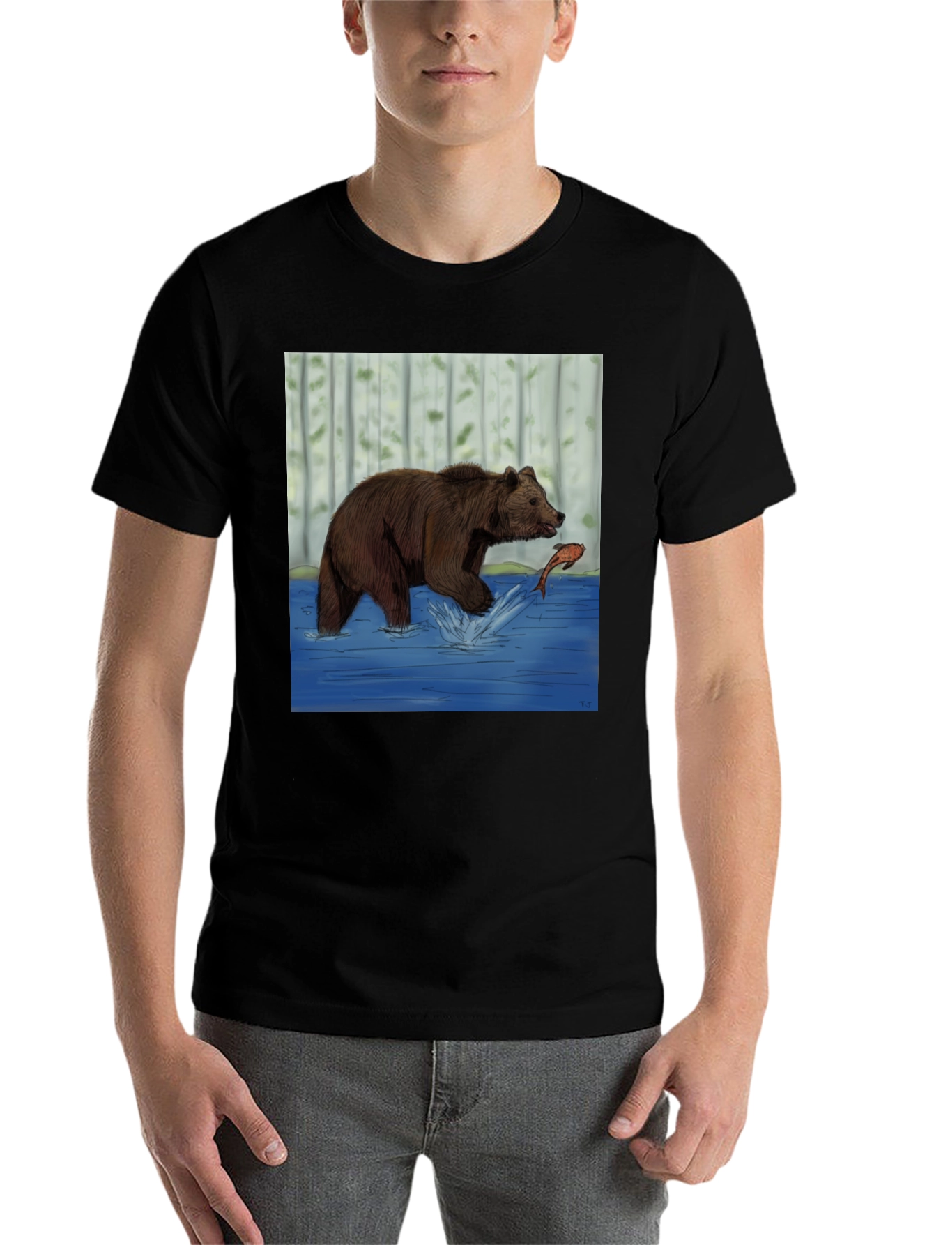 Black Bear and Fish Graphic Tee - Black Cotton Blend view 7