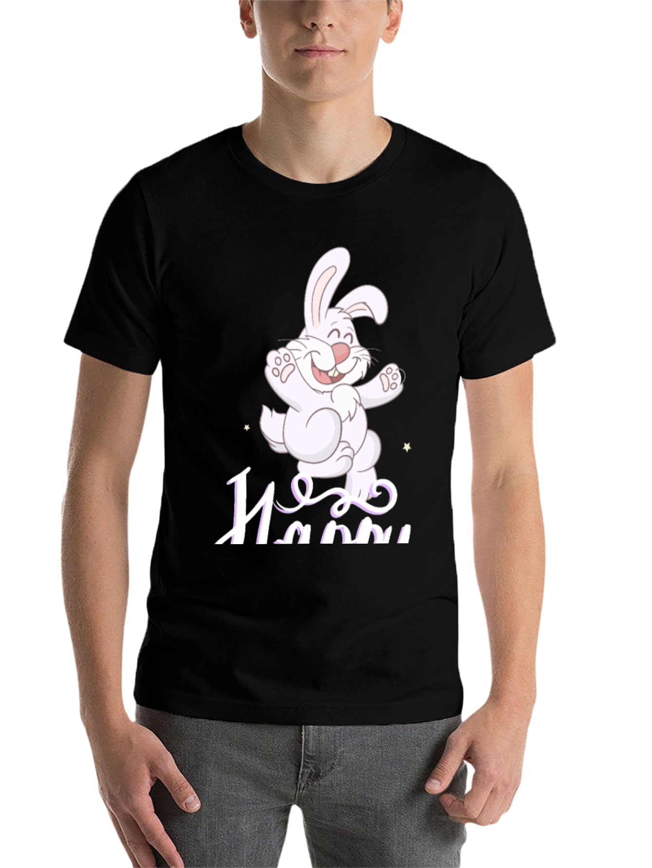 Black Happy Easter Bunny T-Shirt - Cartoon Rabbit Design view 7
