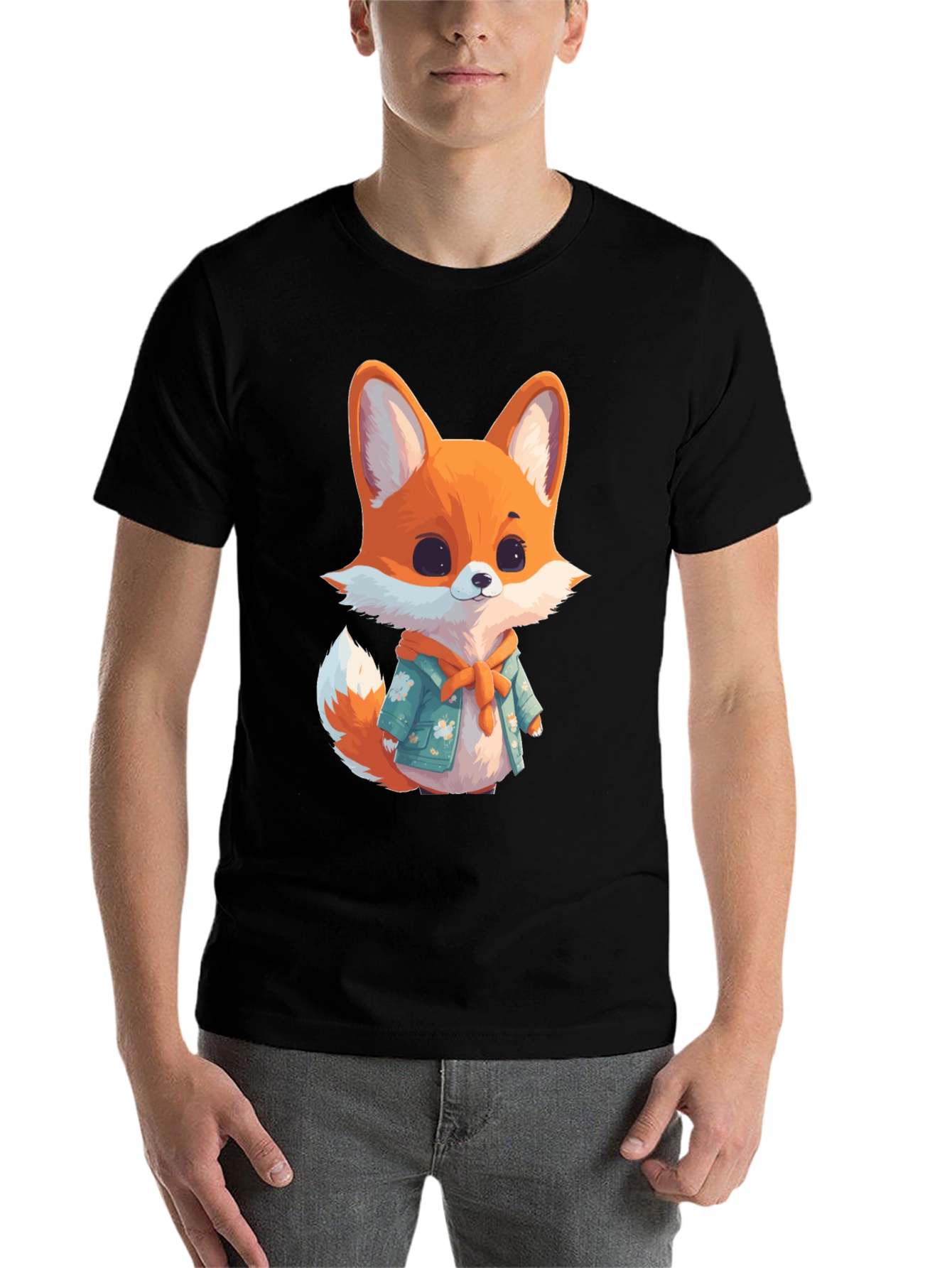 Black Cute Fox Graphic Black T-Shirt view 7