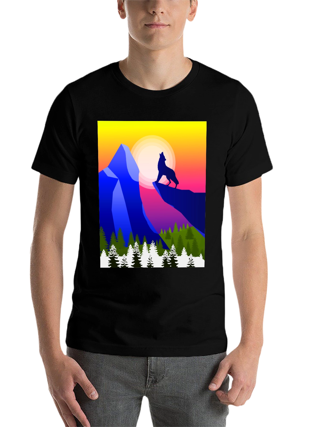 Black Wolf Mountain Graphic Tee - Stylish Black T-Shirt view 7