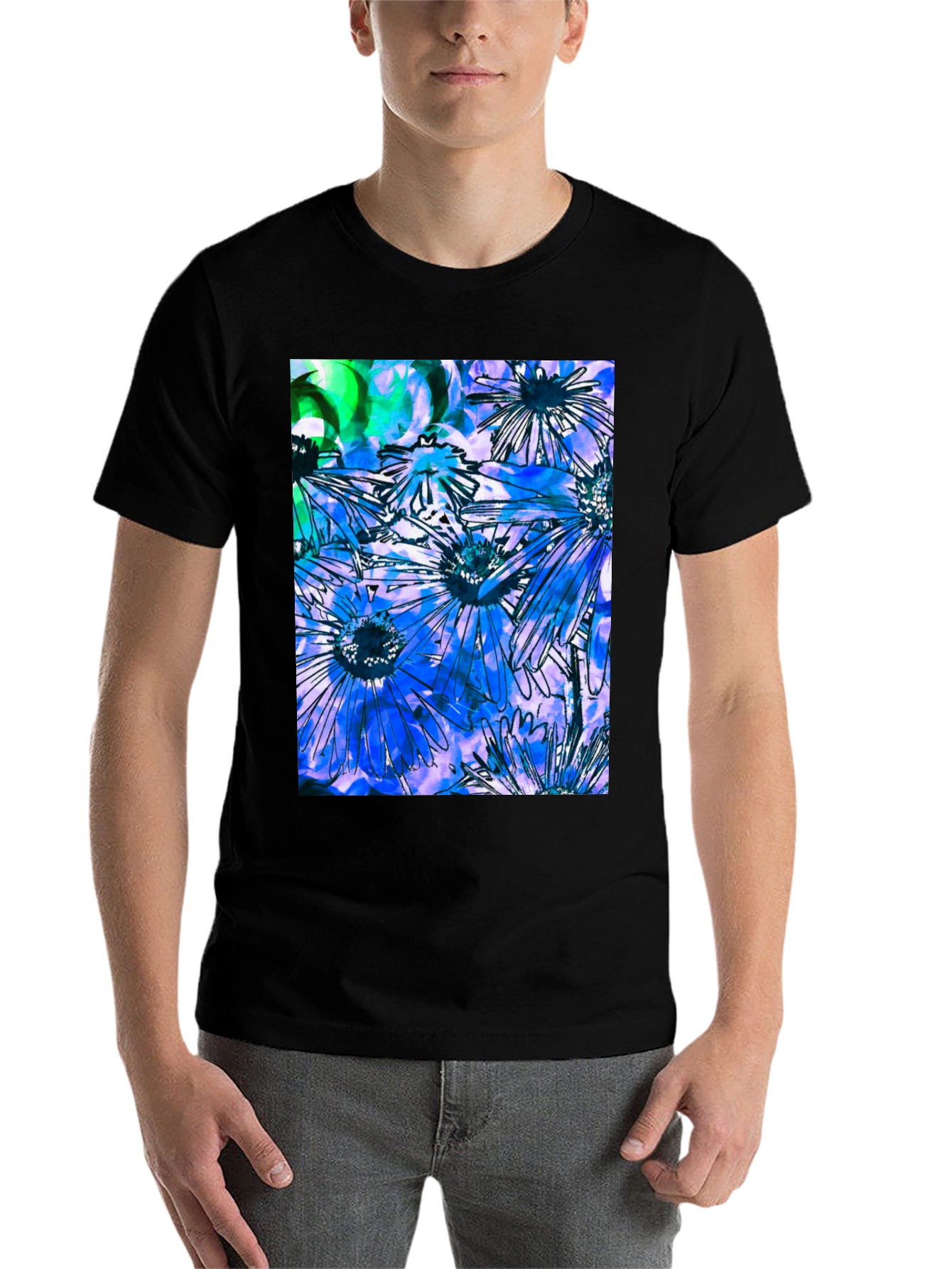 Black Floral Burst Graphic Tee - Black Cotton Blend view 7