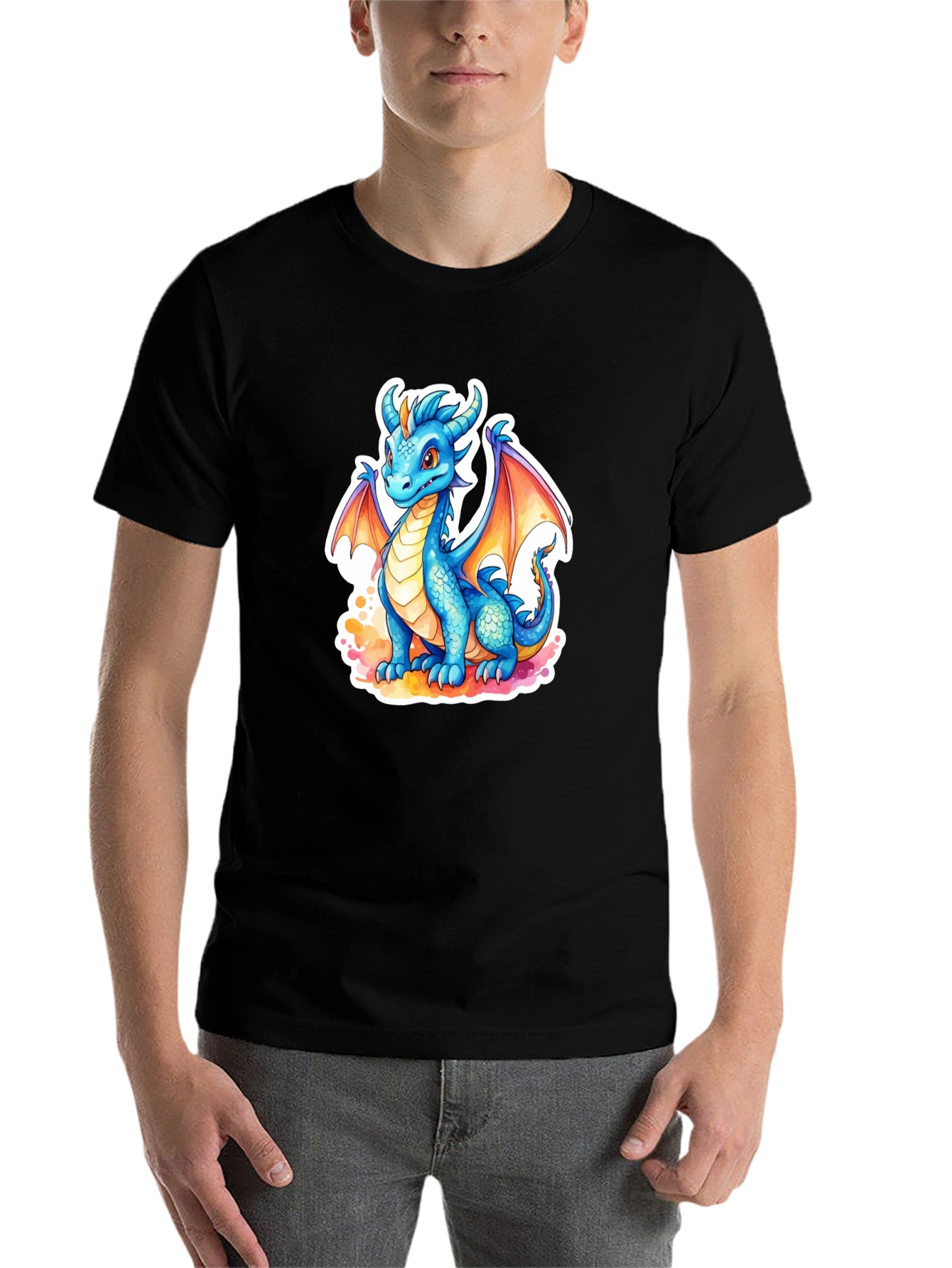Black Cute Blue Dragon Graphic Tee - Fantasy T-Shirt view 7