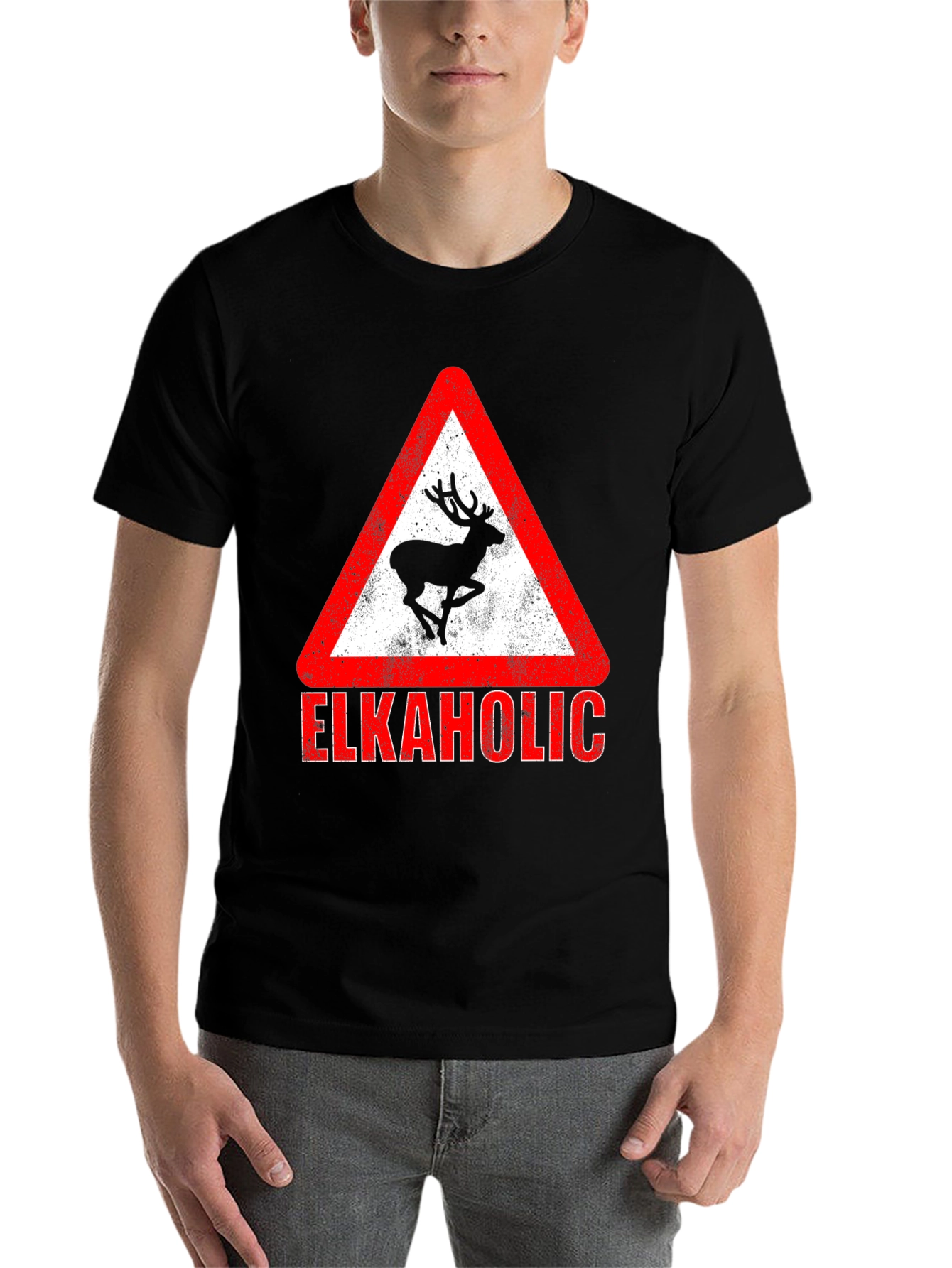 Black Elkaholic Graphic Tee - Funny Elk Warning Sign view 7