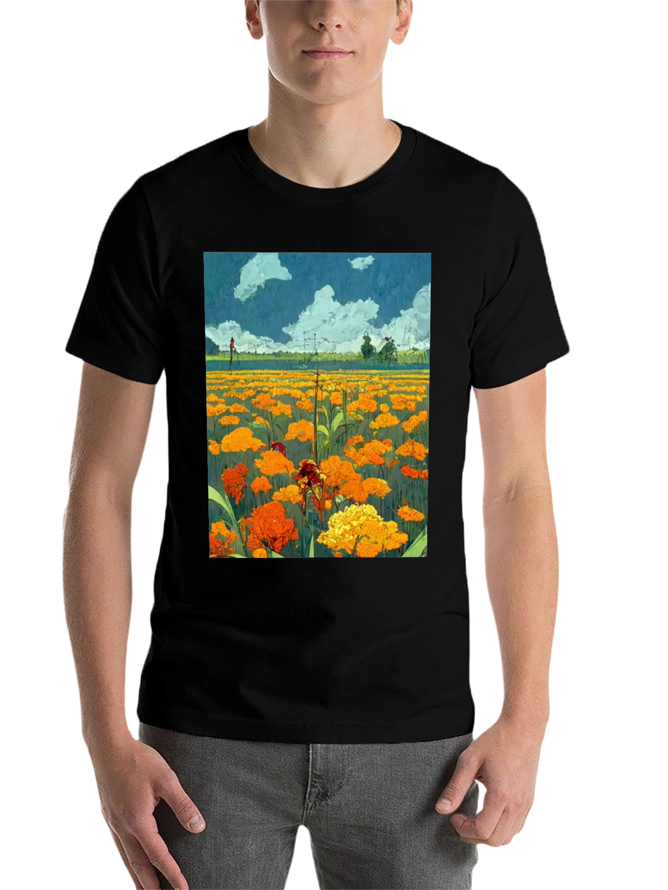Black Floral Field Print Black T-Shirt view 7