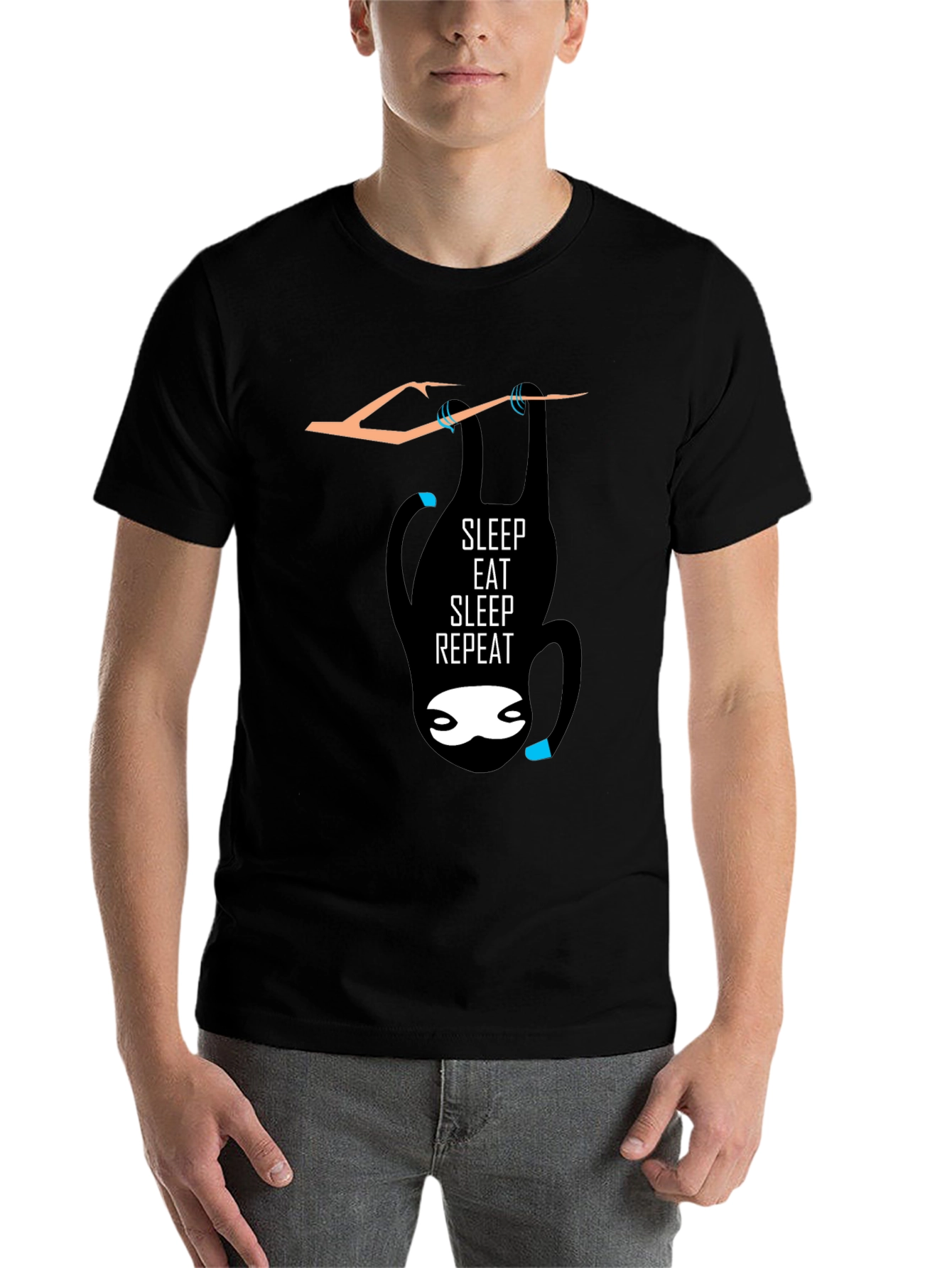 Black Sleep Eat Repeat Sloth Graphic Tee - Black Cotton Casual T-Shirt view 7