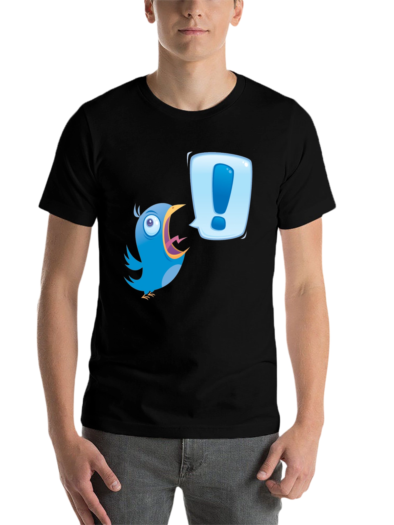Black Cartoon Bird Exclamation T-Shirt view 7