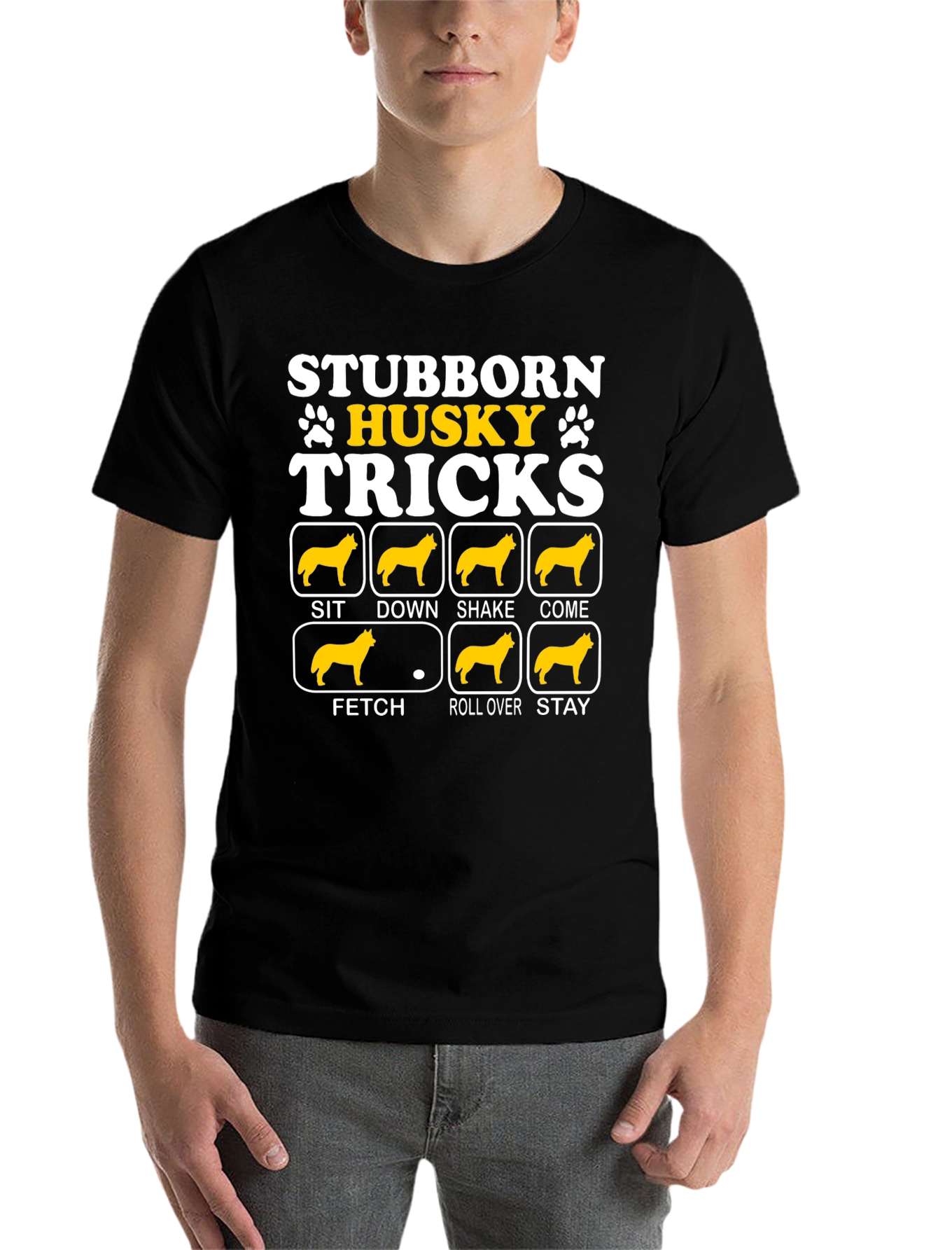 Black Stubborn Husky Tricks Graphic T-Shirt view 7