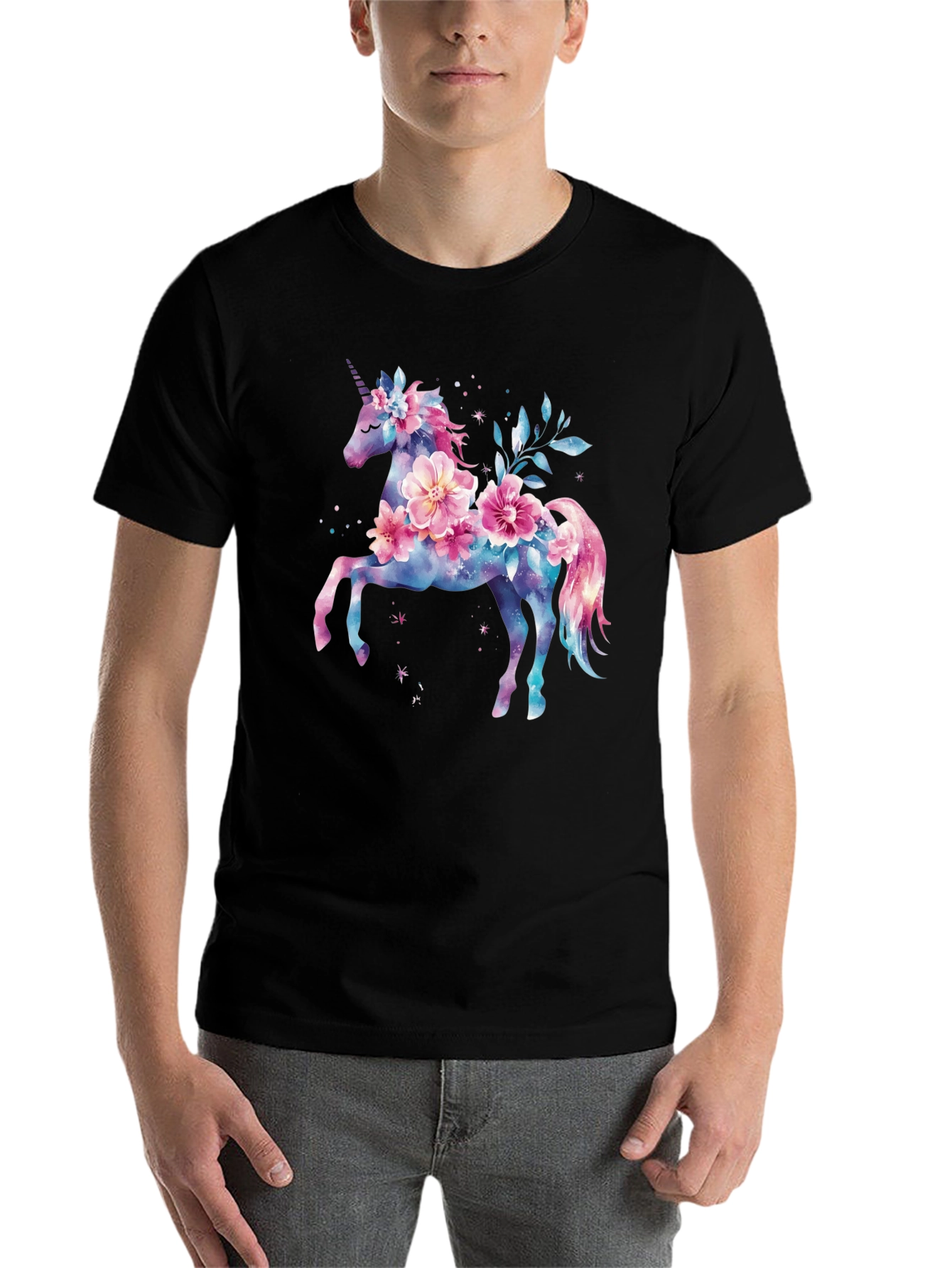 Floral Unicorn Graphic Tee - Black Cotton Blend Shirt - 7
