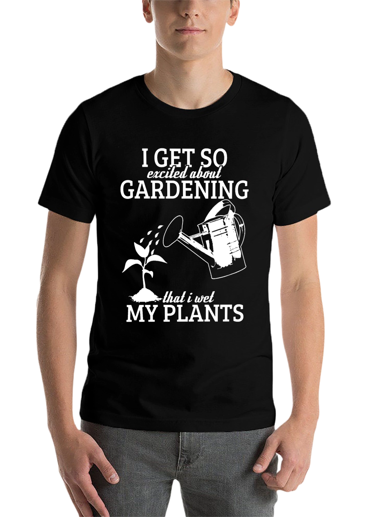 Black Gardening Humor T-Shirt: "I Wet My Plants" view 7