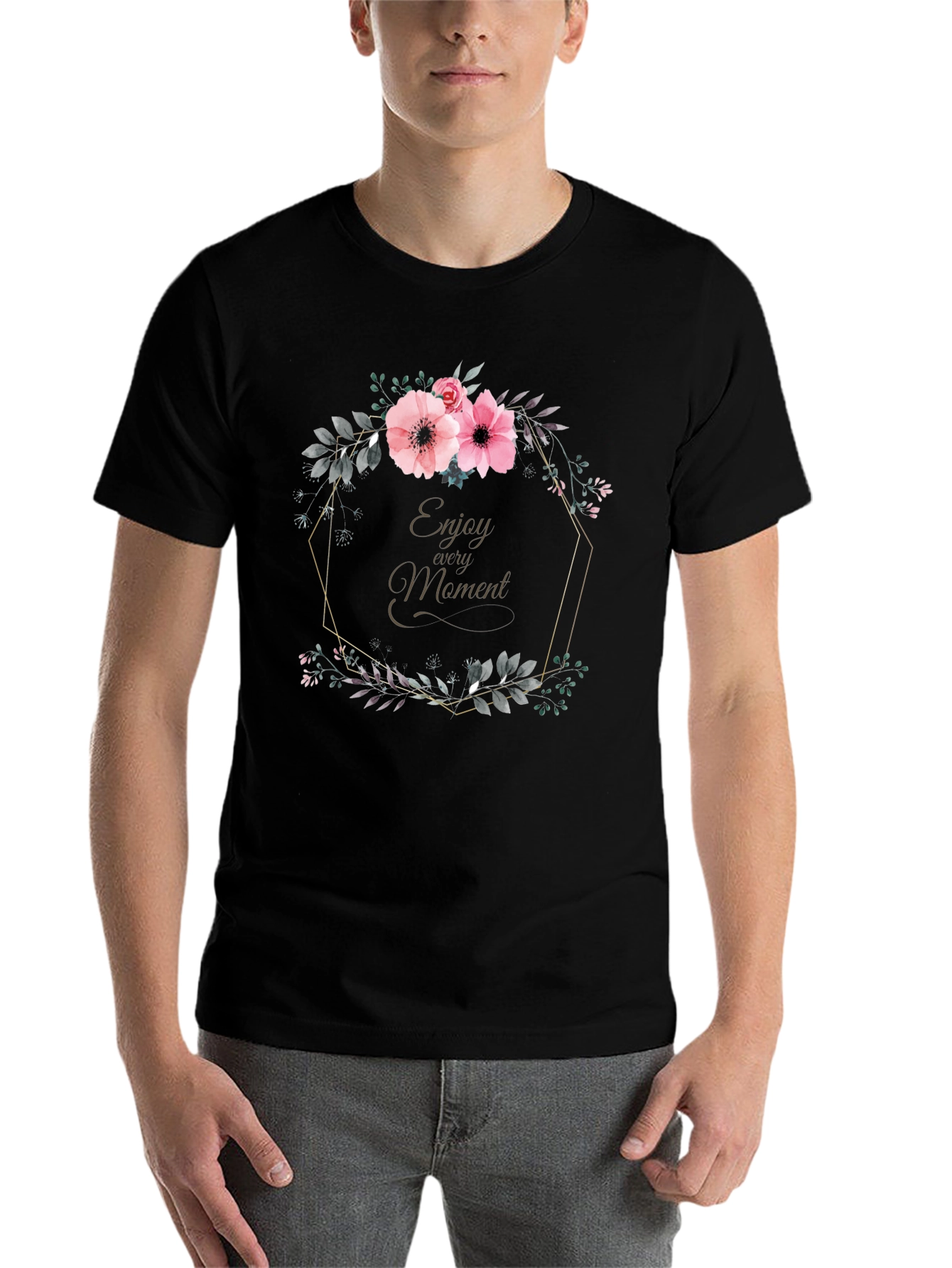 Black Floral Wreath Enjoy Every Moment Black T-Shirt view 7