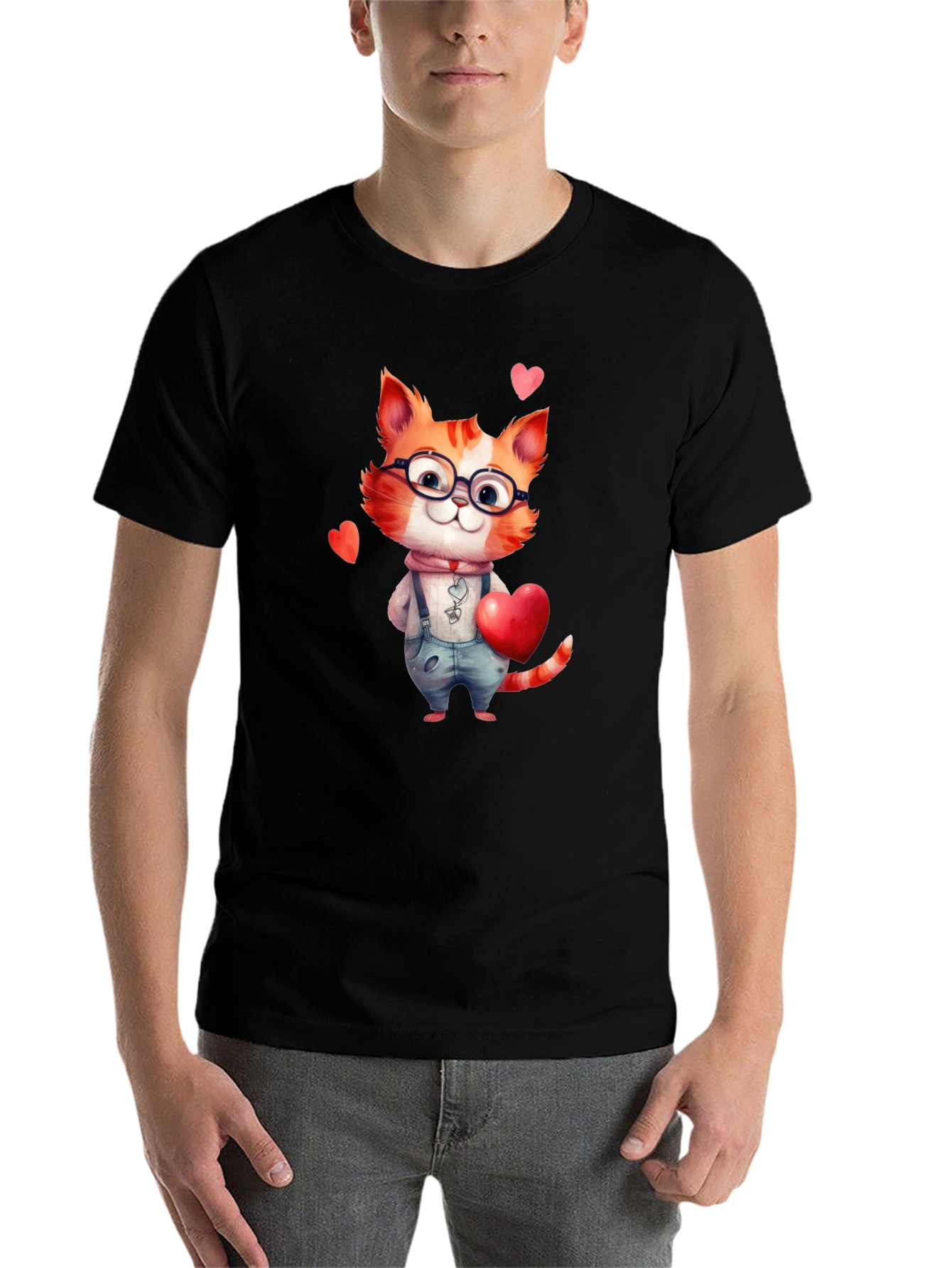 Black Cute Valentine Cat Graphic T-Shirt view 7