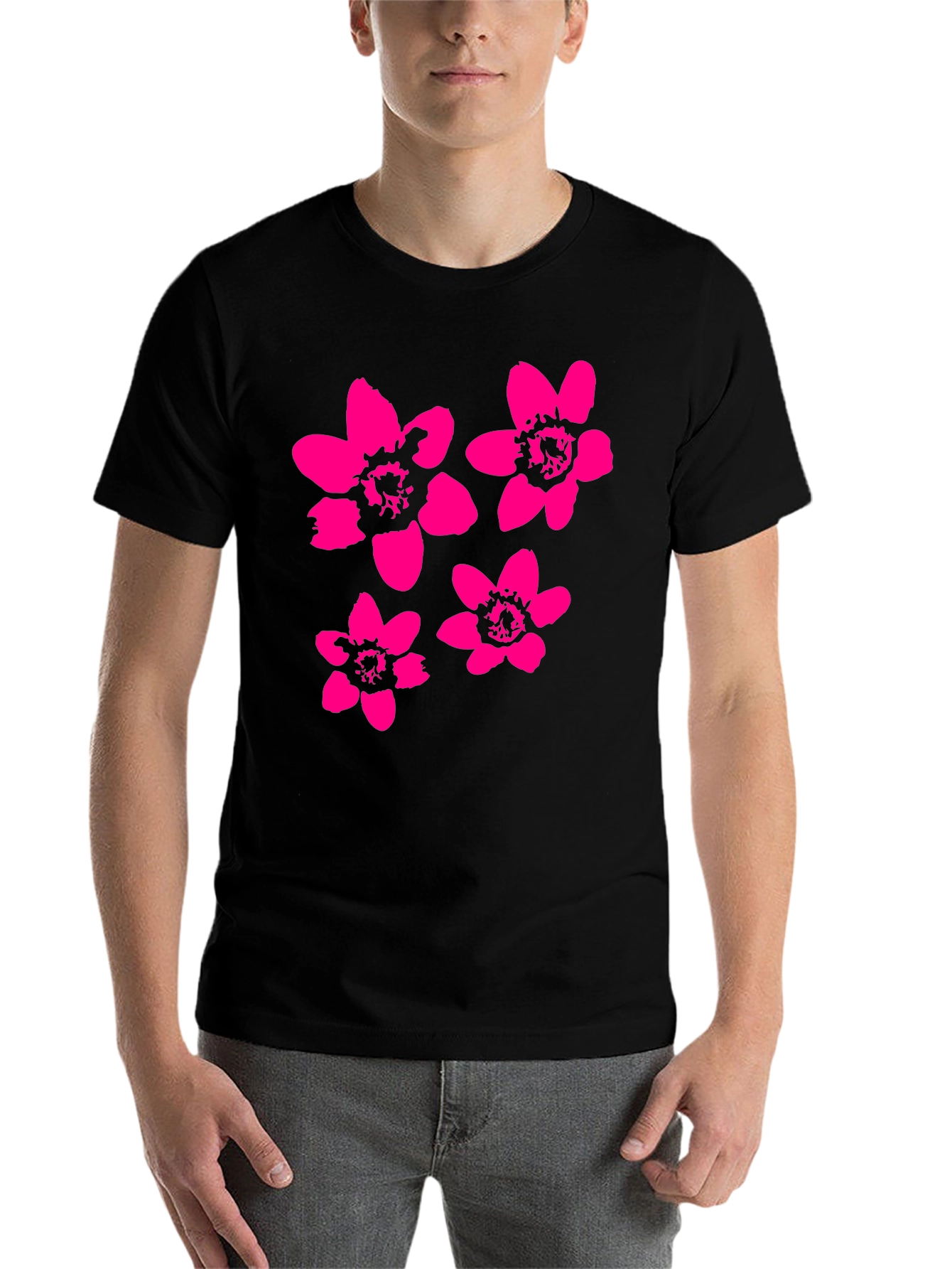 Black Black T-Shirt with Pink Flower Print view 7