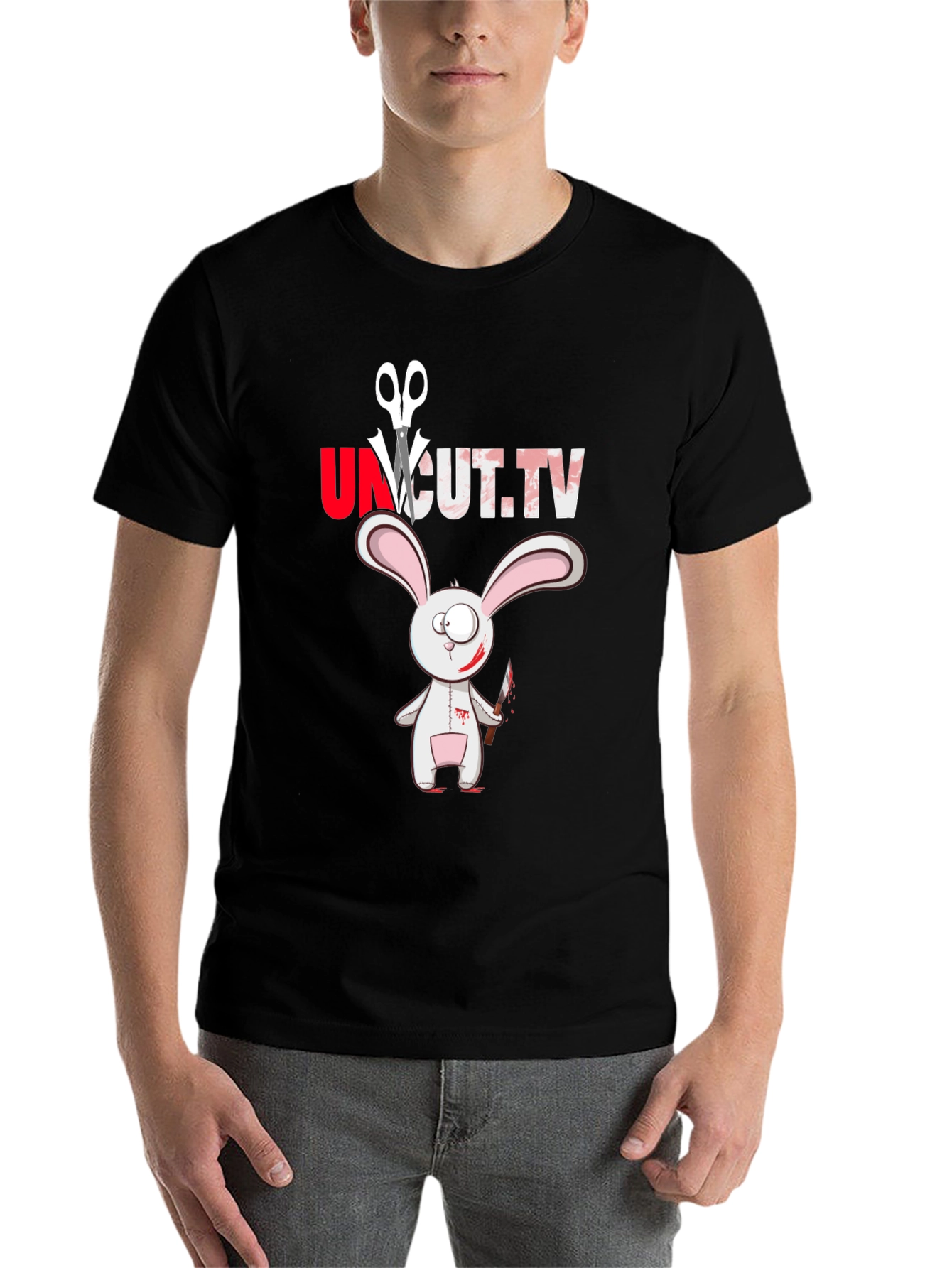 Black Uncut.tv Scary Rabbit T-Shirt view 7