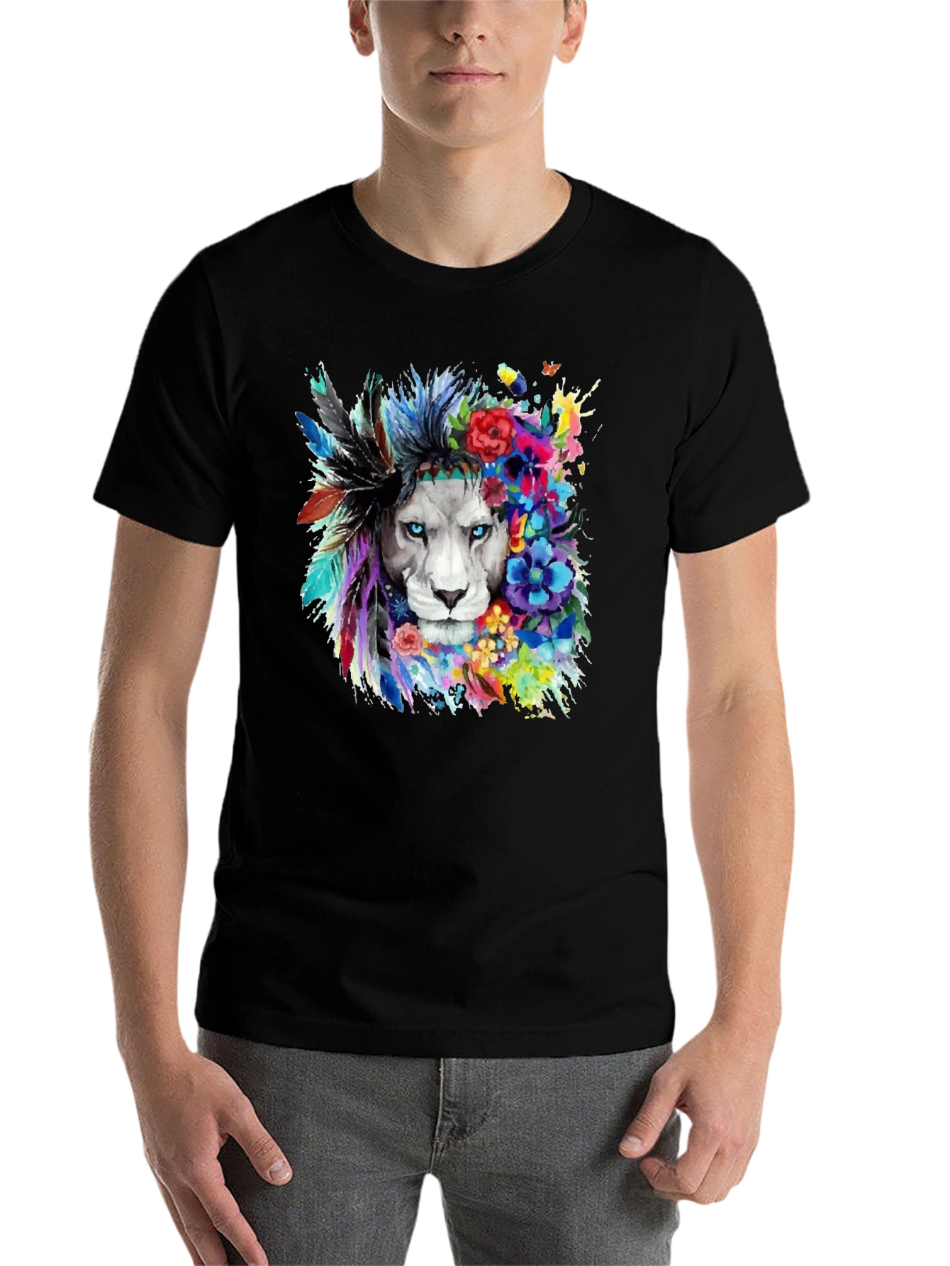 Black Lion Headdress Black T-Shirt - Unique Graphic Tee view 7