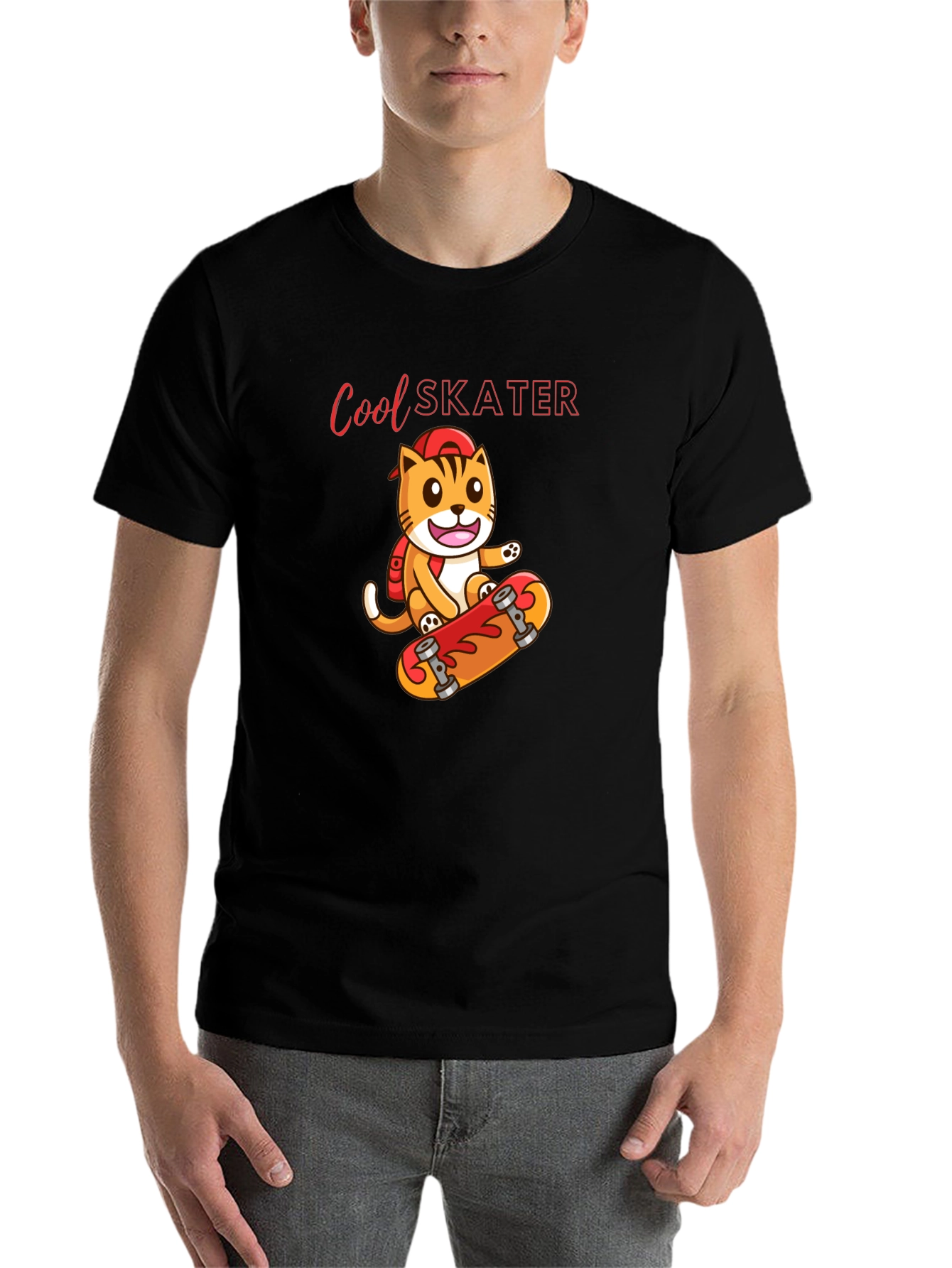 Black Cool Skater Cat Graphic Tee - Black Cotton T-Shirt view 7