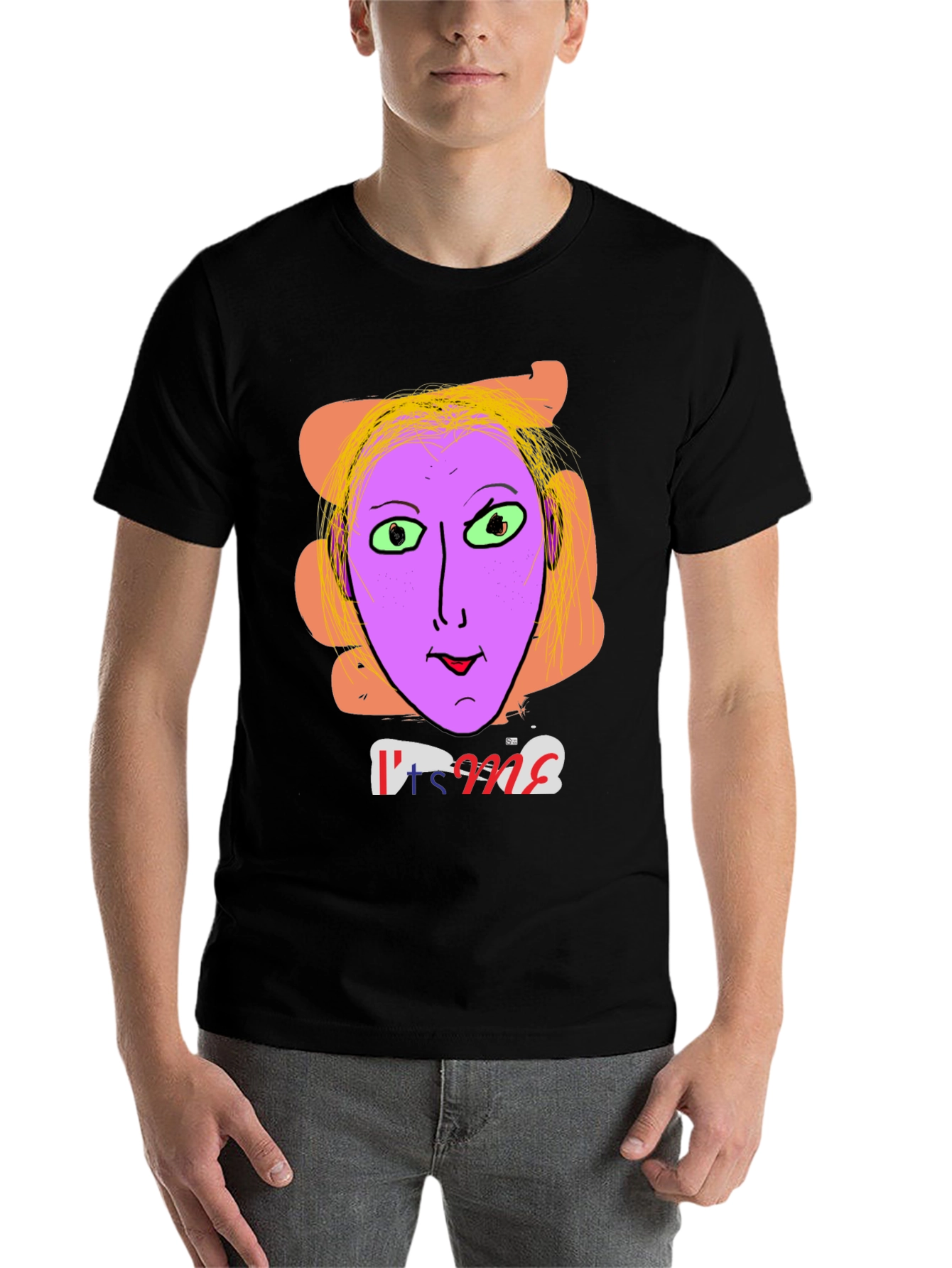 Black Unique Graphic Tee - "It's Me" Funny Purple Face view 7