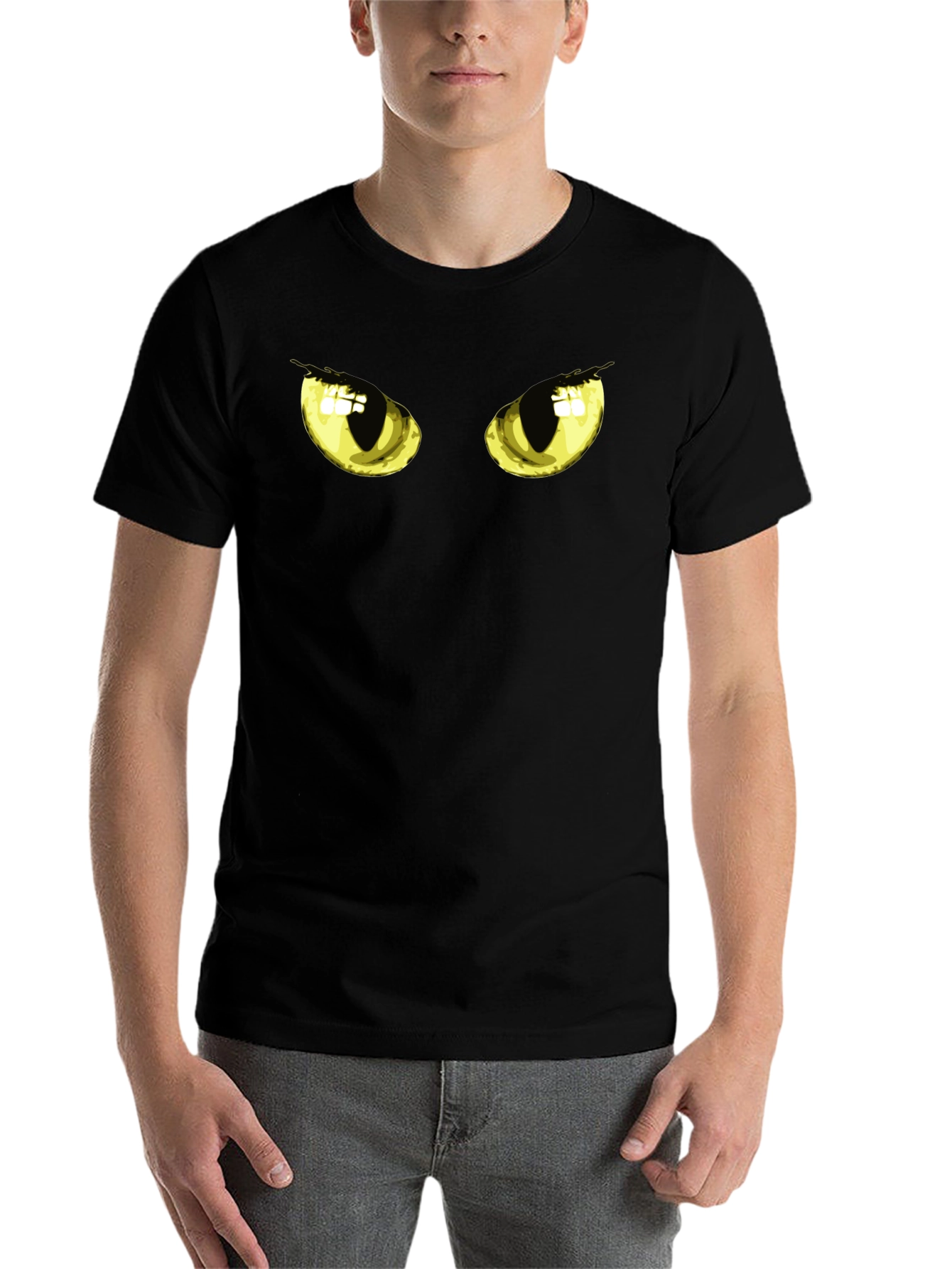 Black Men's Black T-Shirt with Cat Eyes Graphic view 7