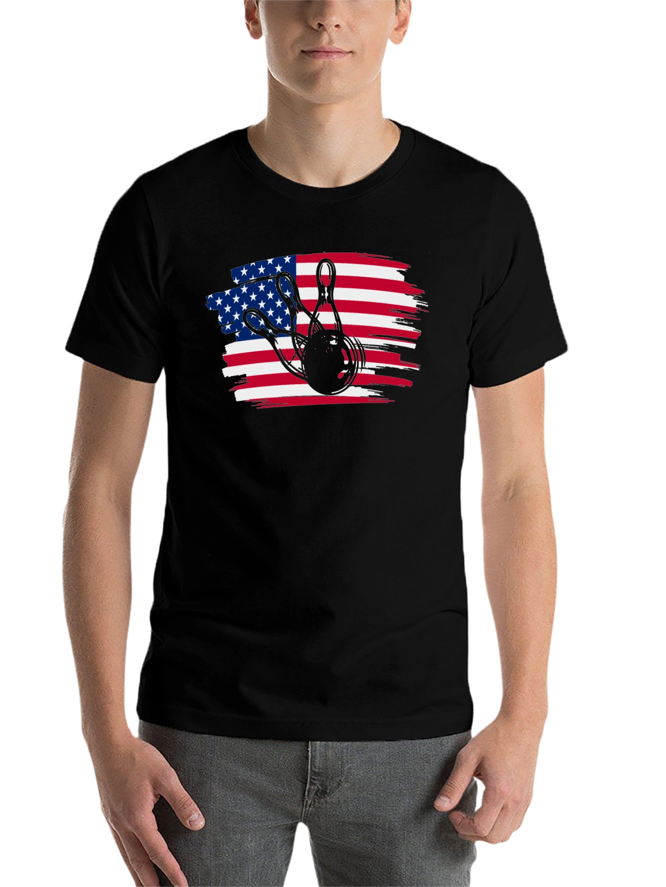 Black American Flag Bowling T-Shirt view 7