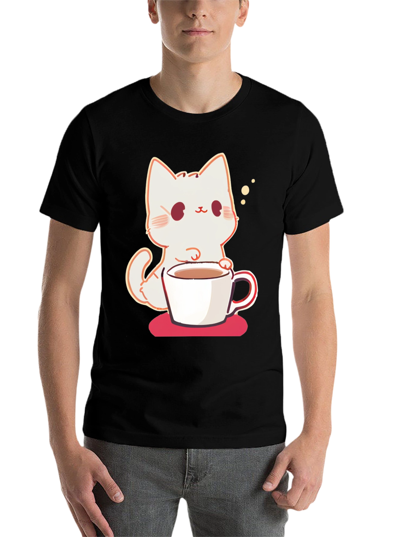 Black Cute Cat with Coffee T-Shirt view 7