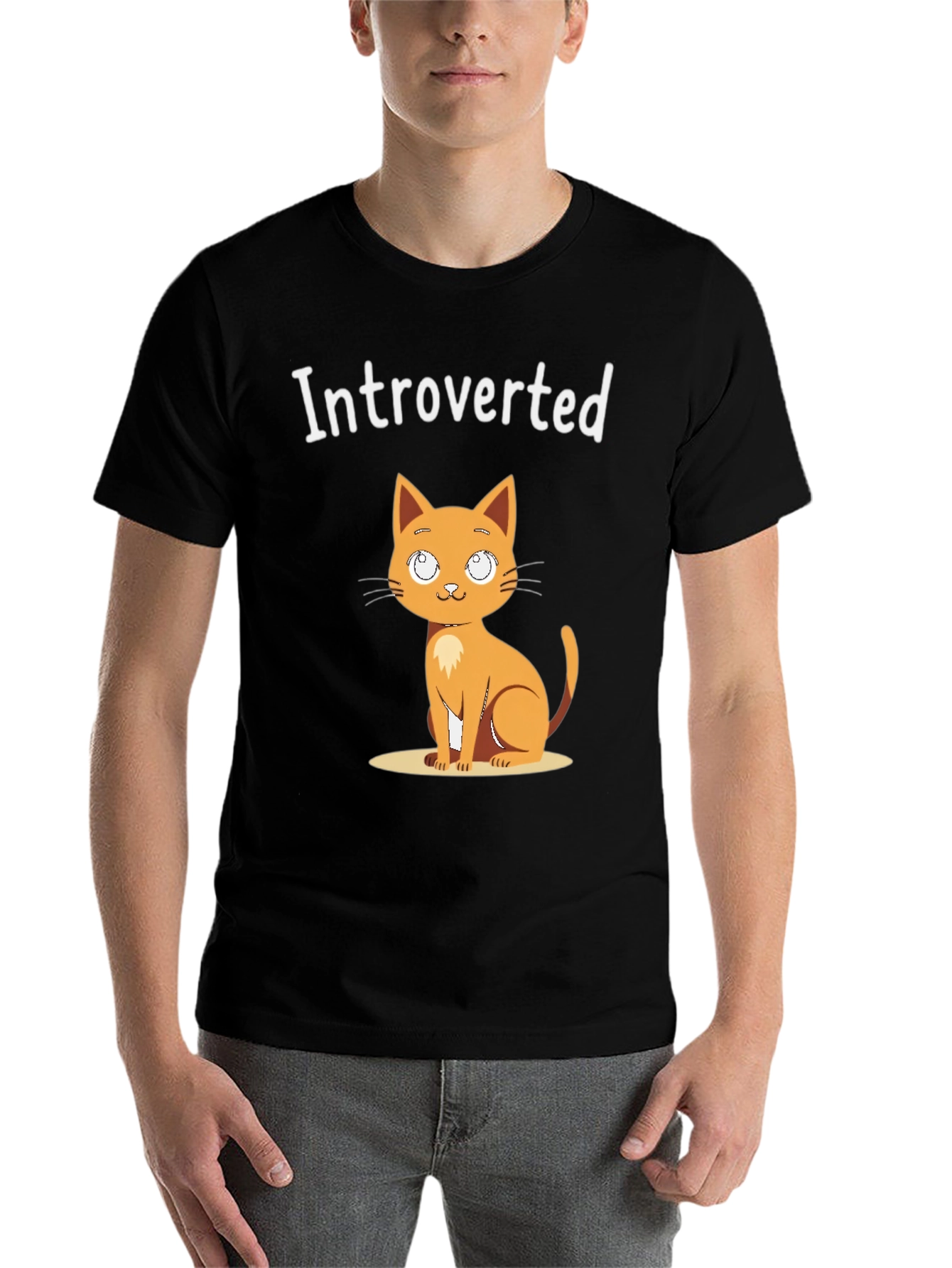 Black Introverted Cat Graphic Tee - Black Cotton T-Shirt view 7