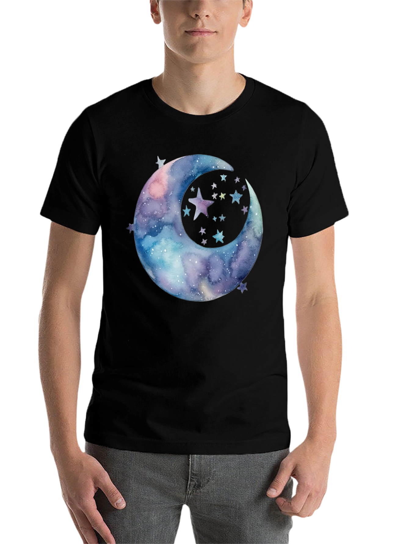 Black Watercolor Moon & Stars Graphic Tee - Black Cotton view 7