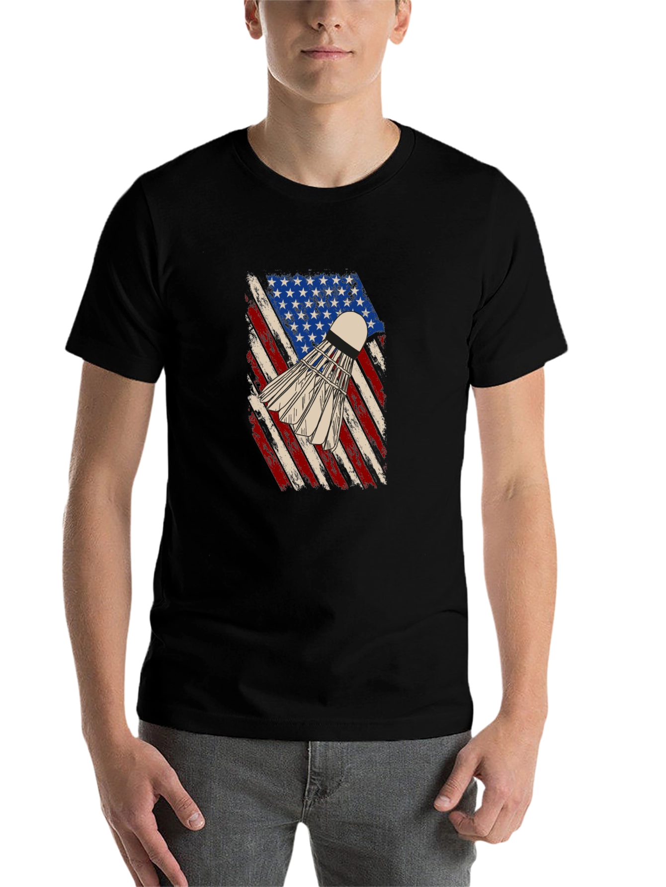 Black Patriotic Badminton T-Shirt - USA Flag Shuttlecock Design view 7