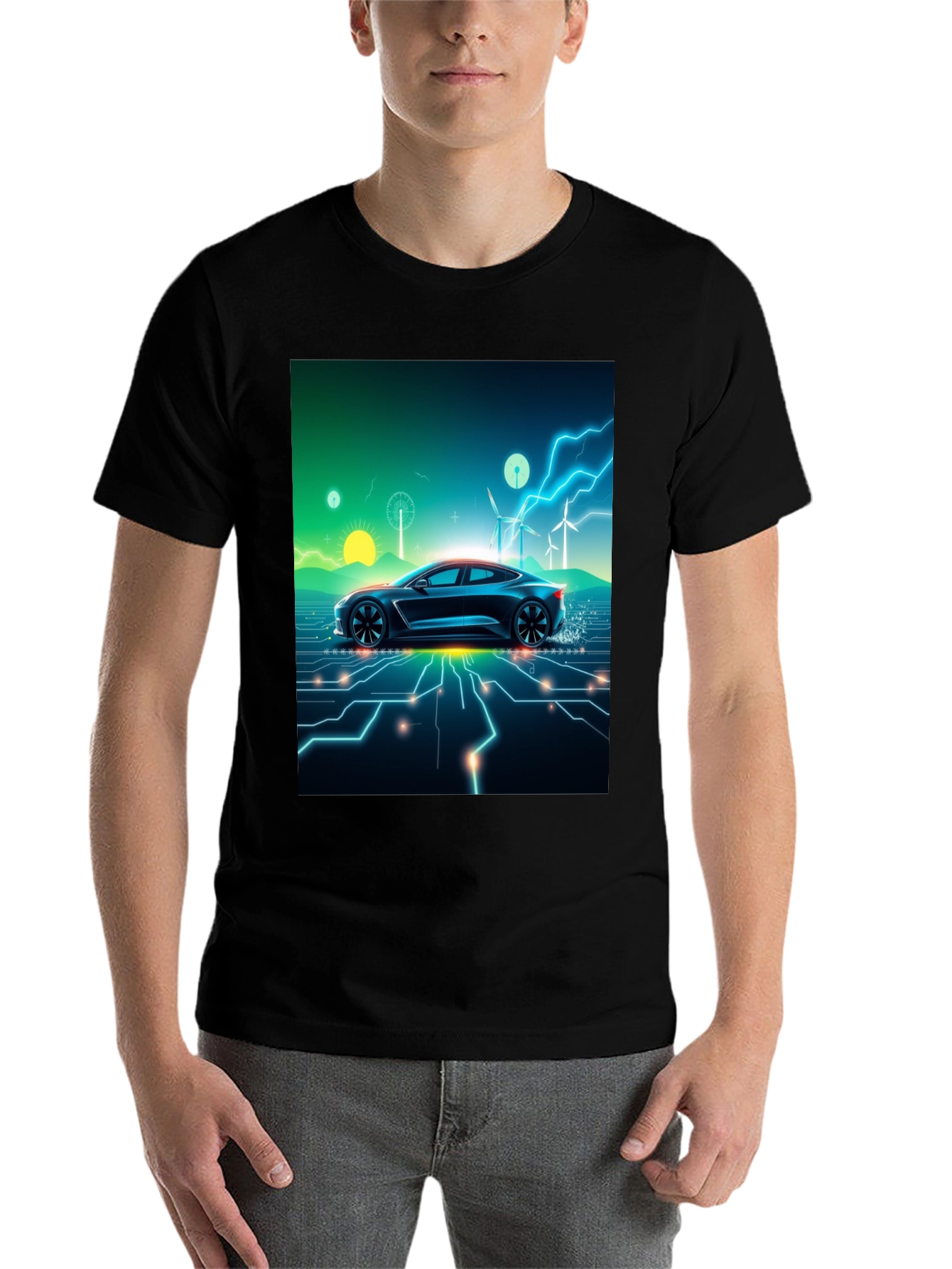 Black Electric Car T-Shirt - Futuristic Style view 7