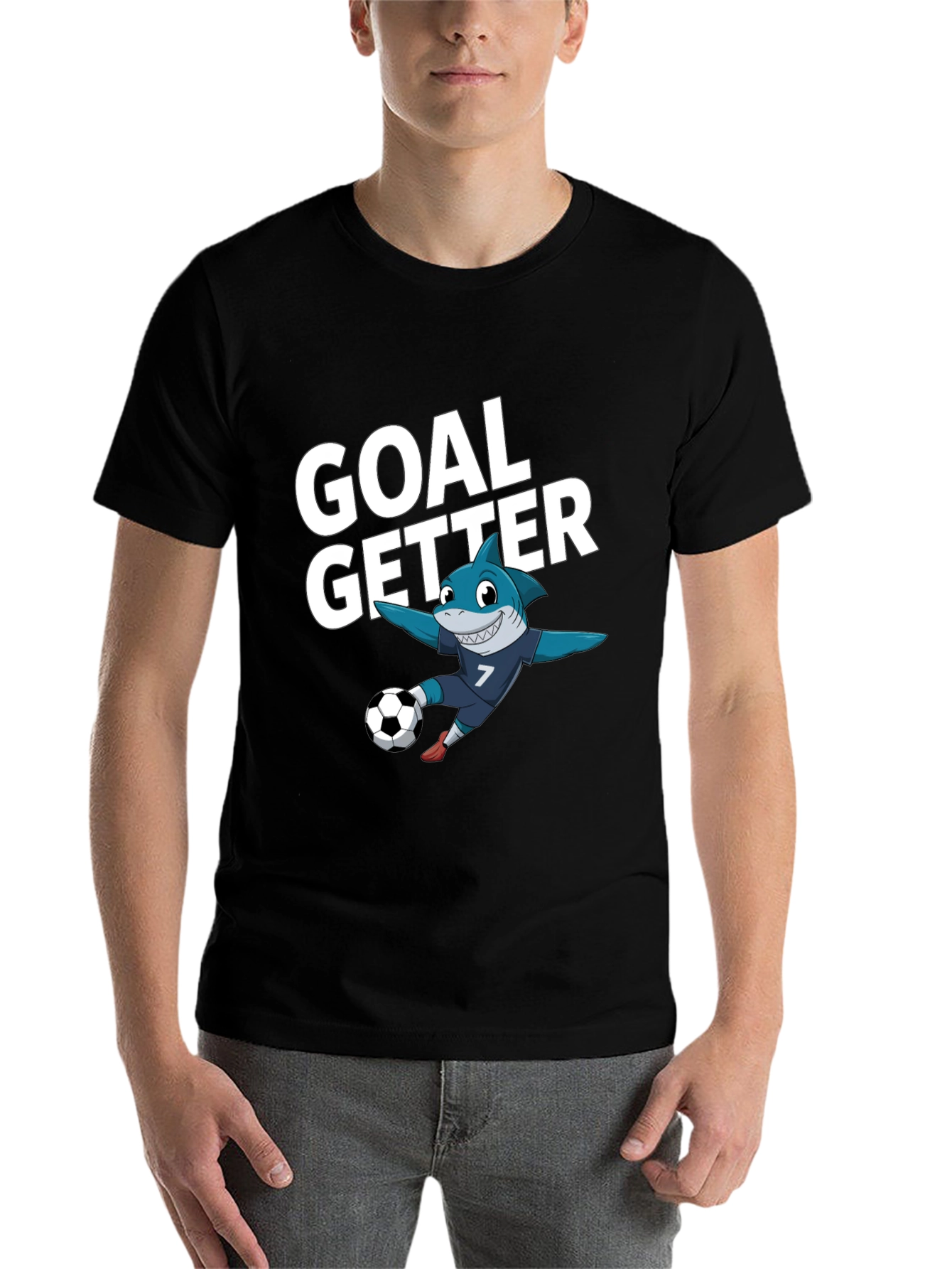 Black Goal Getter Shark Soccer T-Shirt view 7