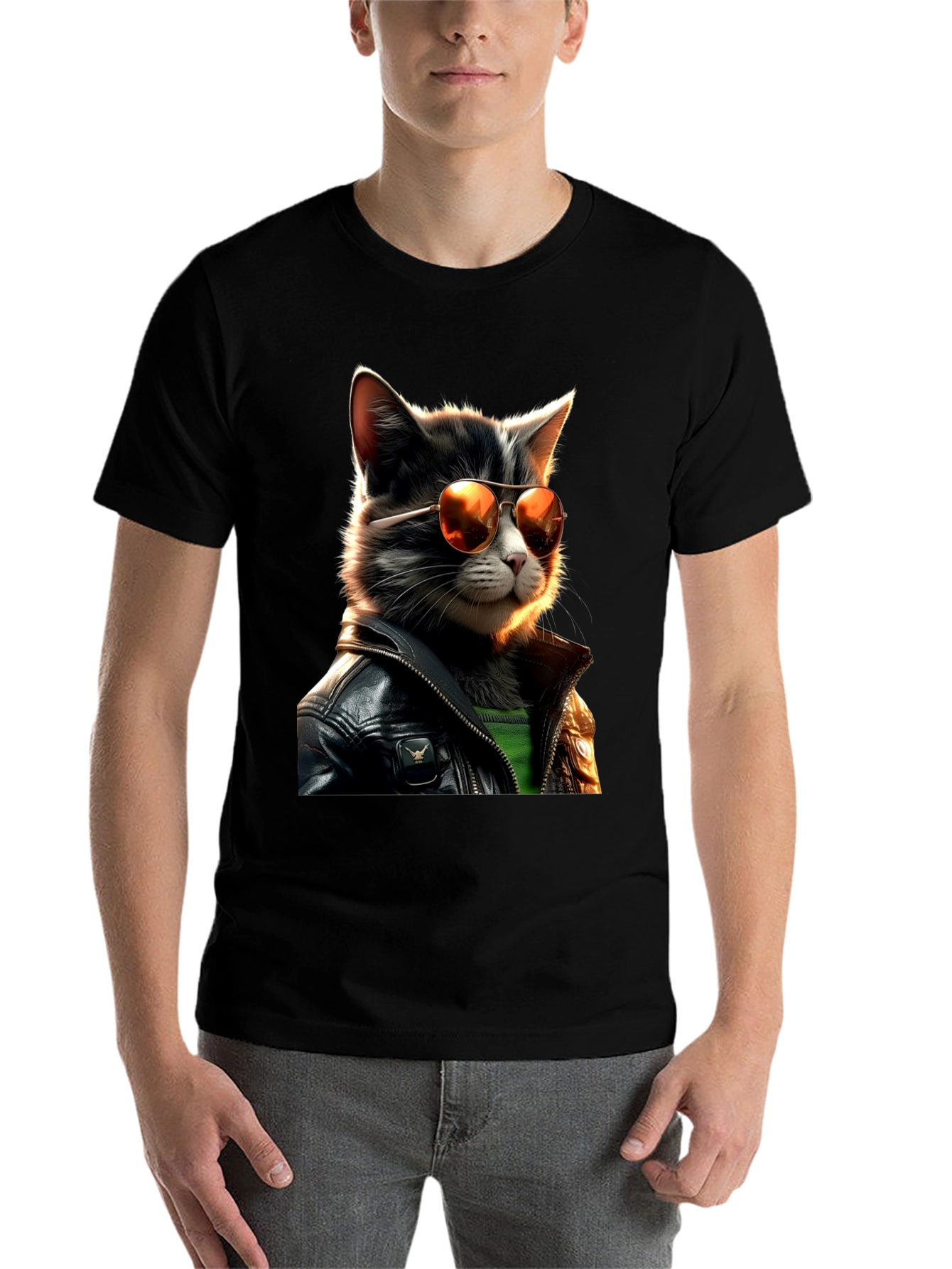 Black Cool Cat in Leather T-Shirt view 7