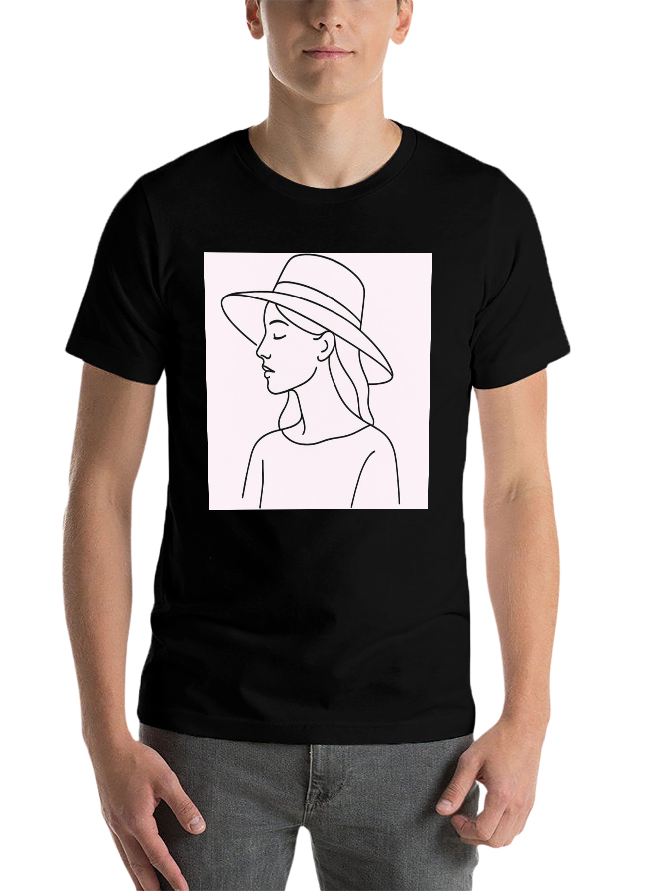Black Minimalist Woman in Hat T-Shirt - Stylish Black Tee view 7