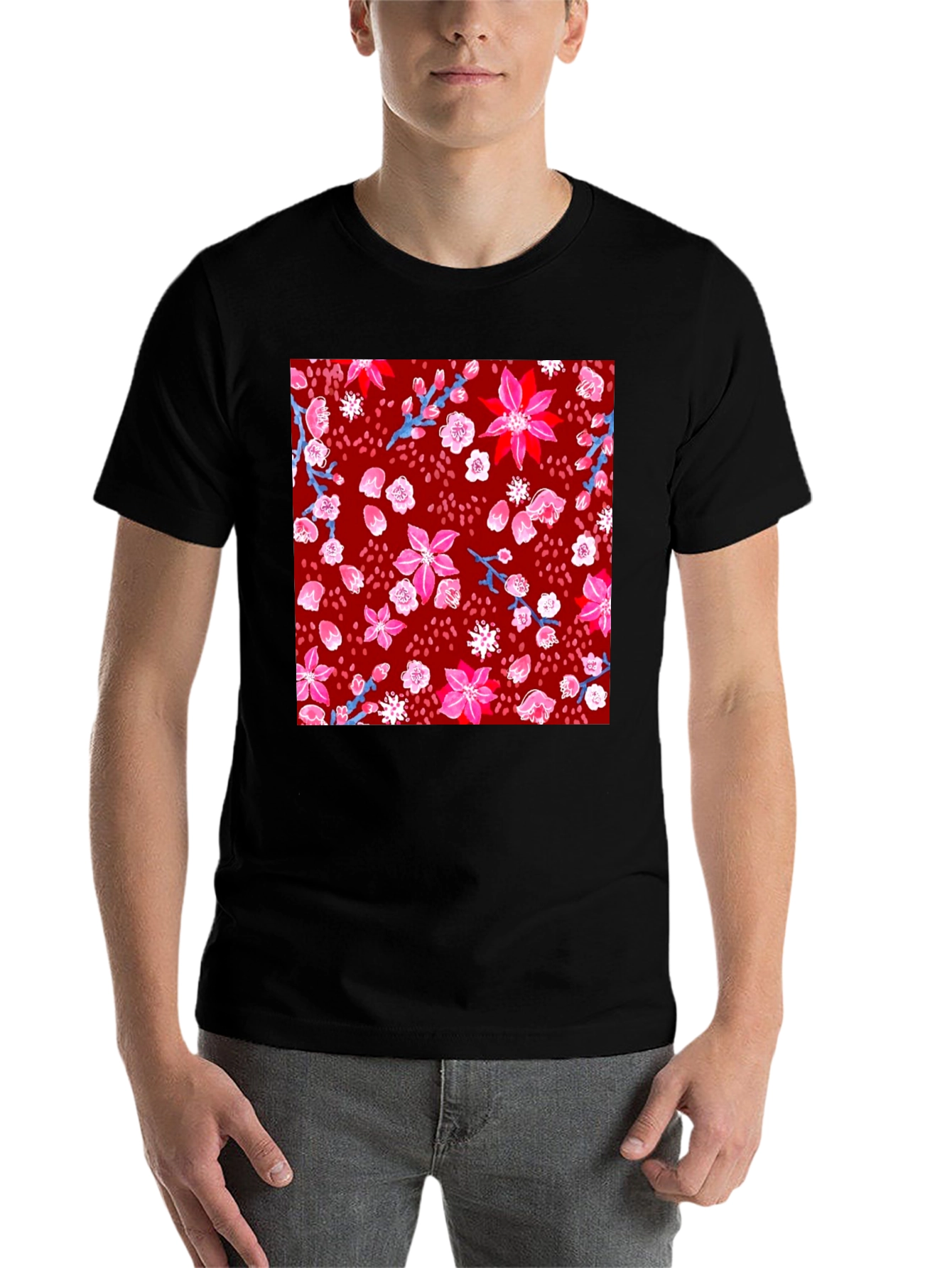 Black Floral Print Crew Neck T-Shirt view 7
