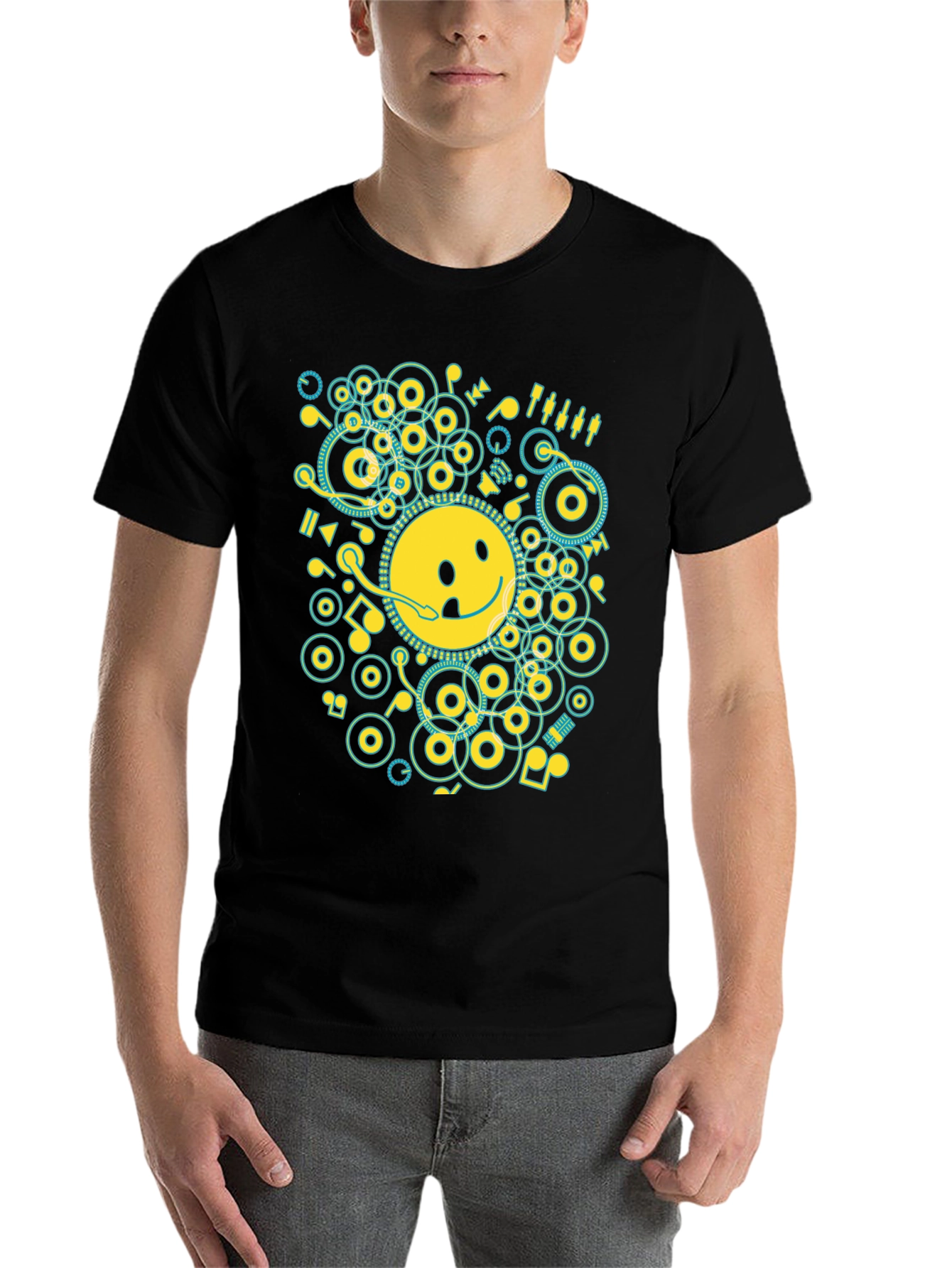 Black Smiley Face Music Graphic T-Shirt - Casual Black Tee view 7