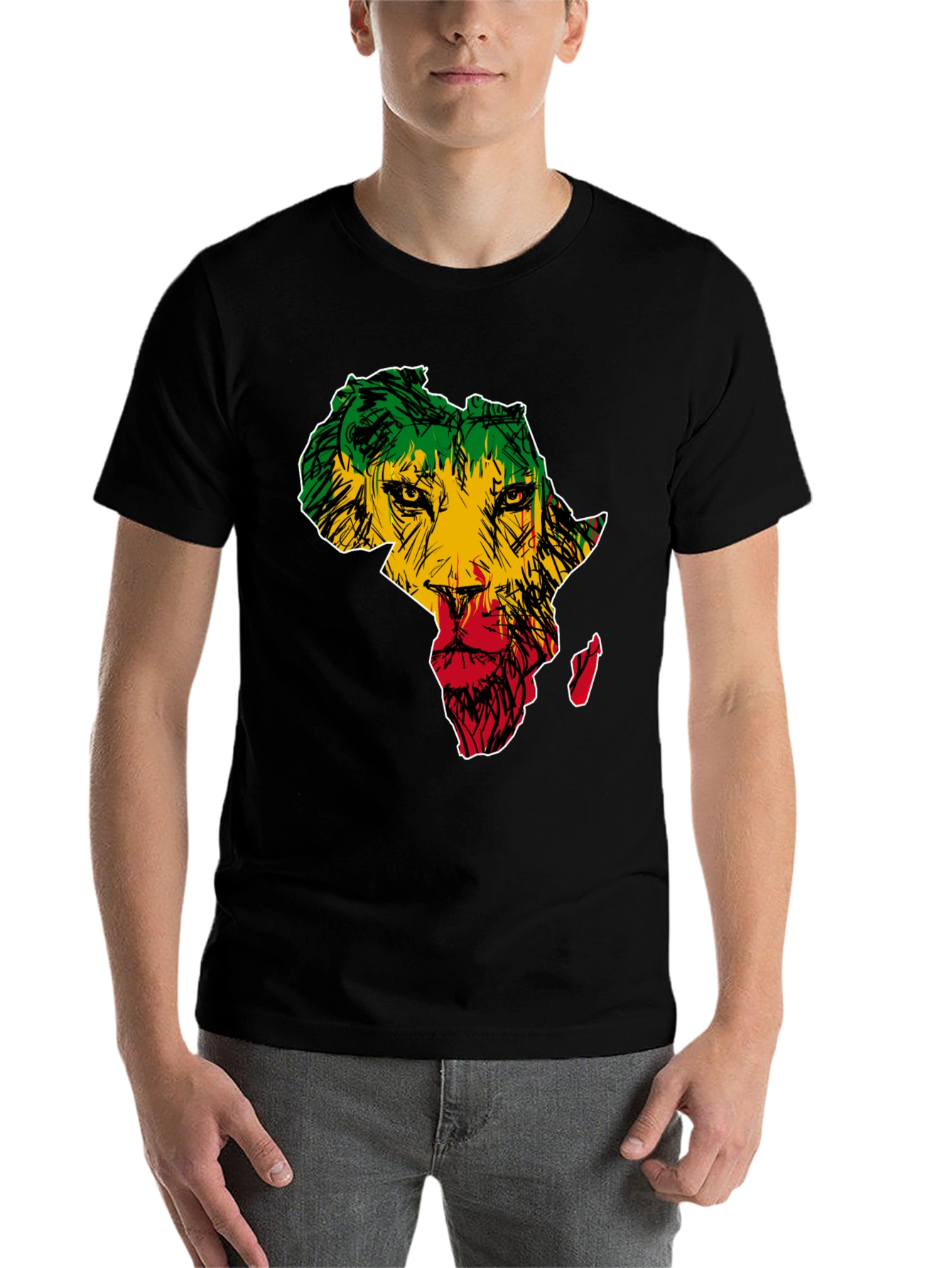Black Africa Lion Print T-Shirt - Men's Black Tee view 7