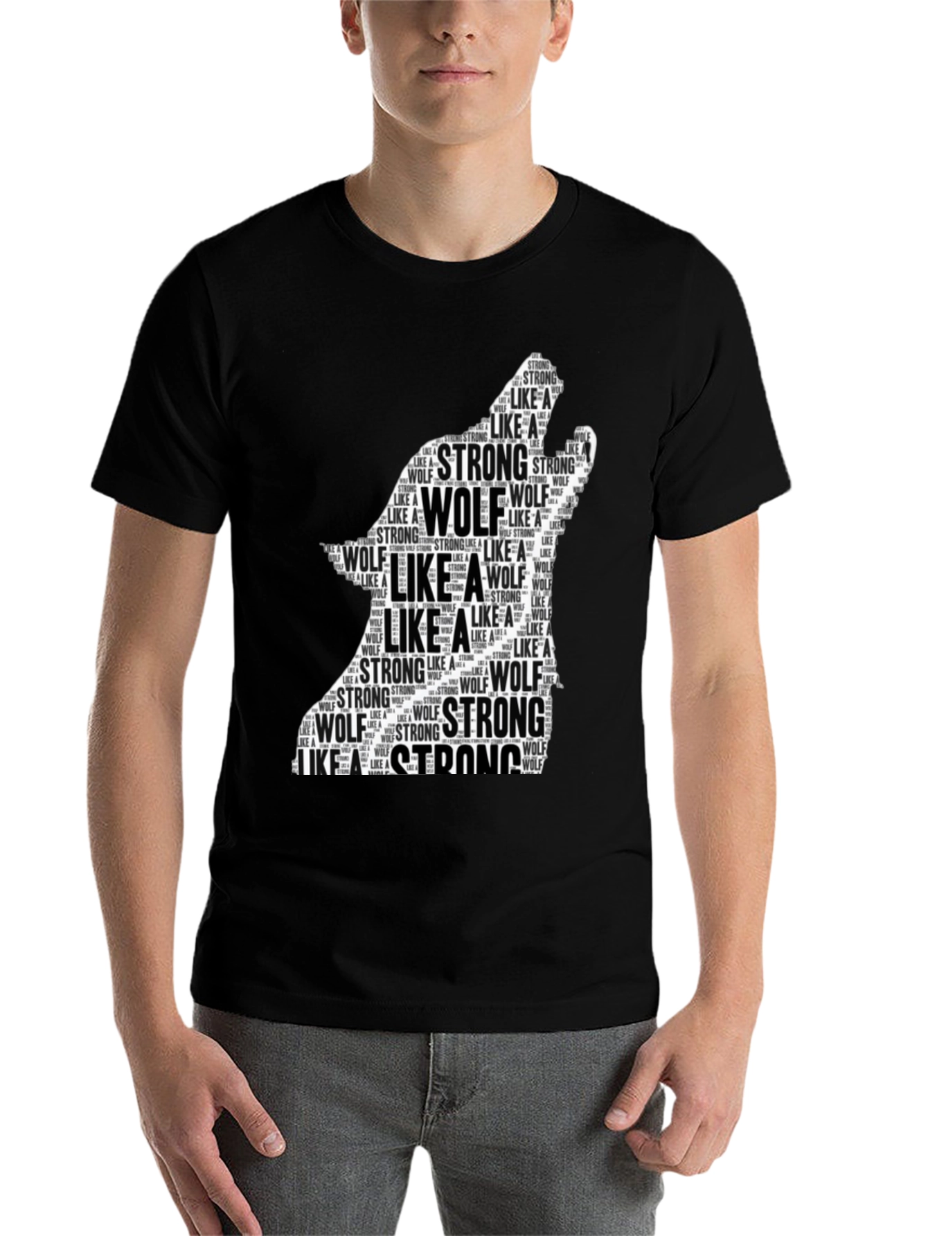 Black Wolf Silhouette Word Art T-Shirt - Strong Like a Wolf Tee view 7