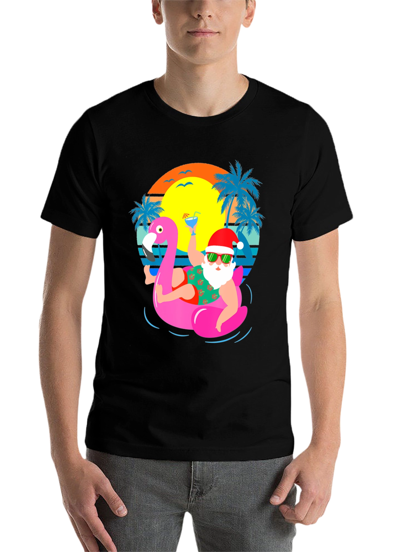 Santa Flamingo Pool Party Graphic T-Shirt - 7