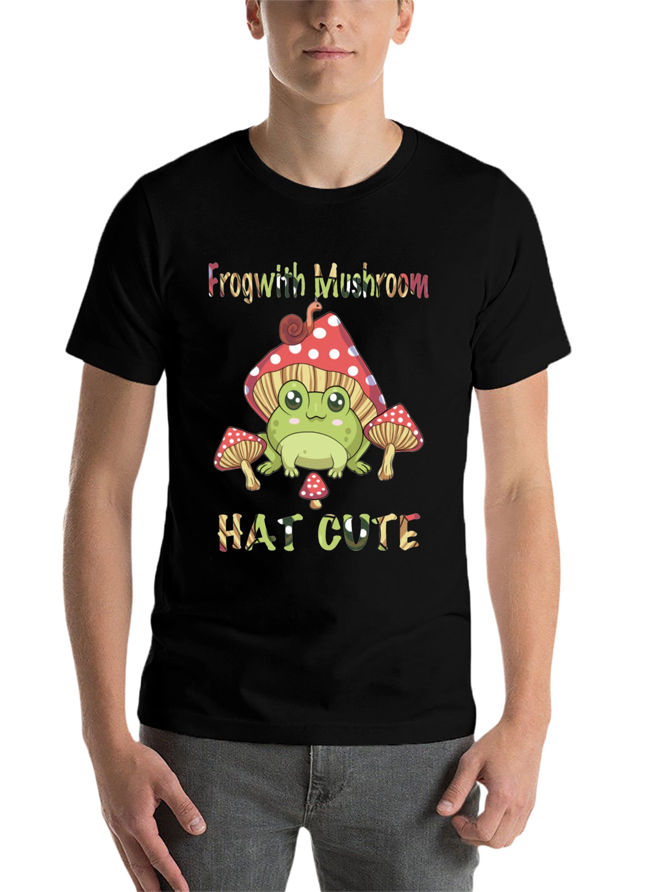 Black Frog with Mushroom Hat Cute Black T-Shirt view 7